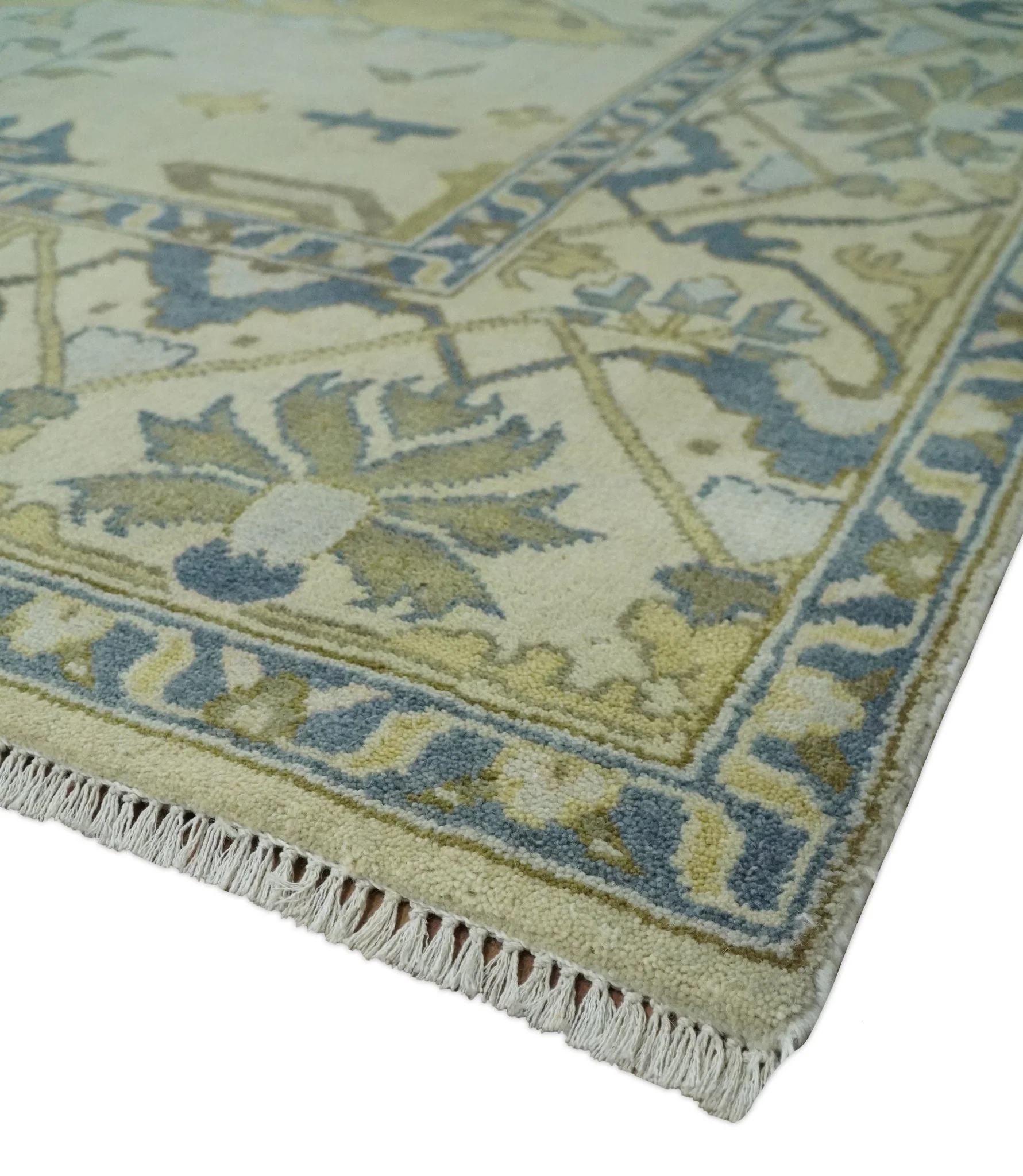 Hand Knotted 9x12 Oriental Oushak Beige and Blue Wool Area Rug, Living Room Rug | TRDCP1093912 - Image 5