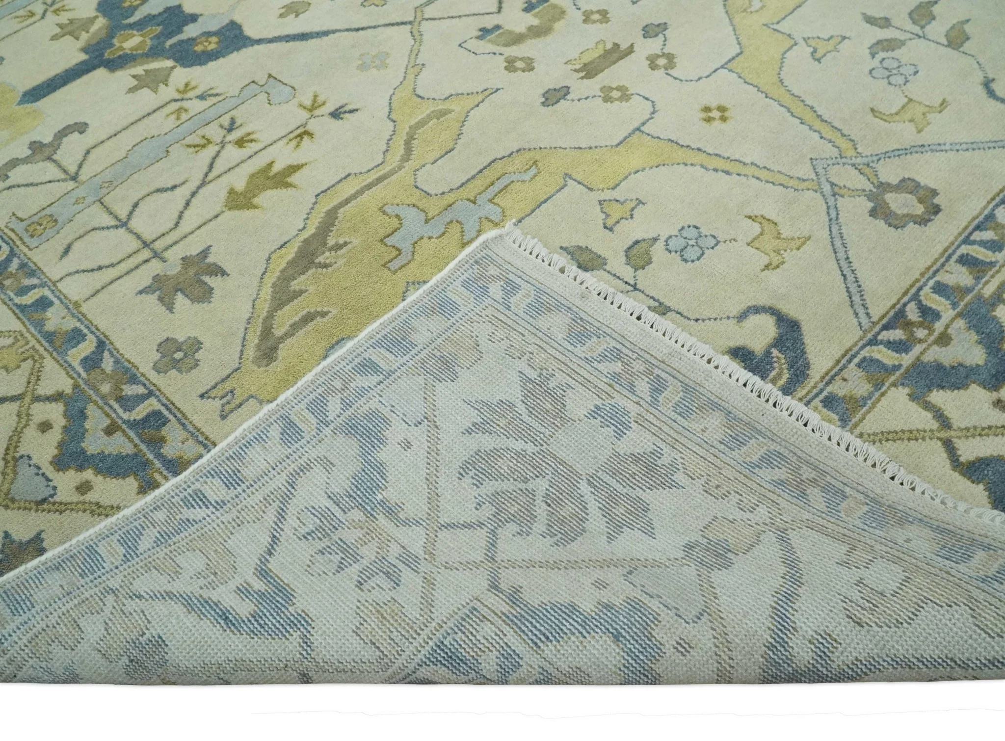 Hand Knotted 9x12 Oriental Oushak Beige and Blue Wool Area Rug, Living Room Rug | TRDCP1093912 - Image 7