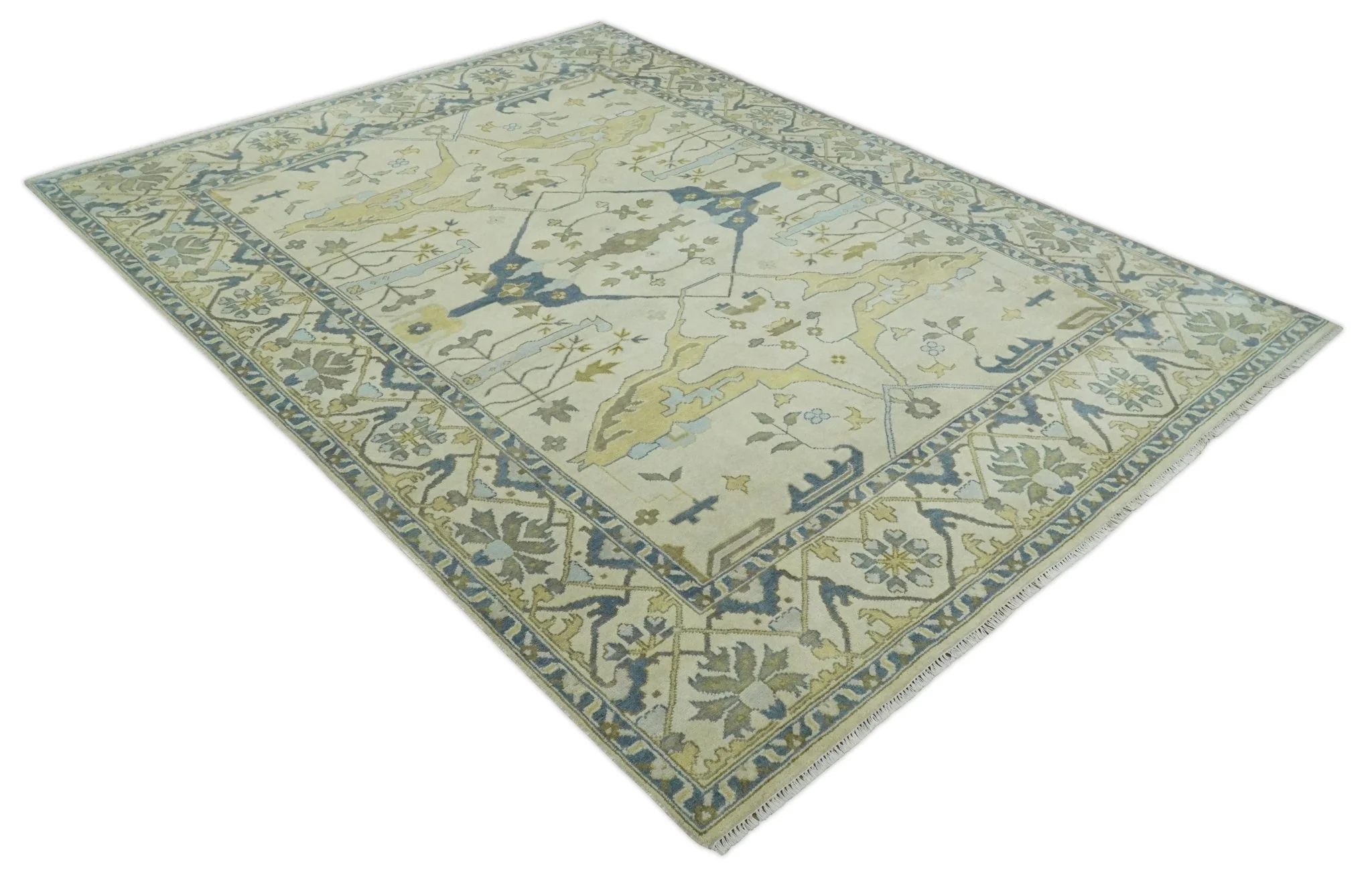 Hand Knotted 9x12 Oriental Oushak Beige and Blue Wool Area Rug, Living Room Rug | TRDCP1093912 - Image 9