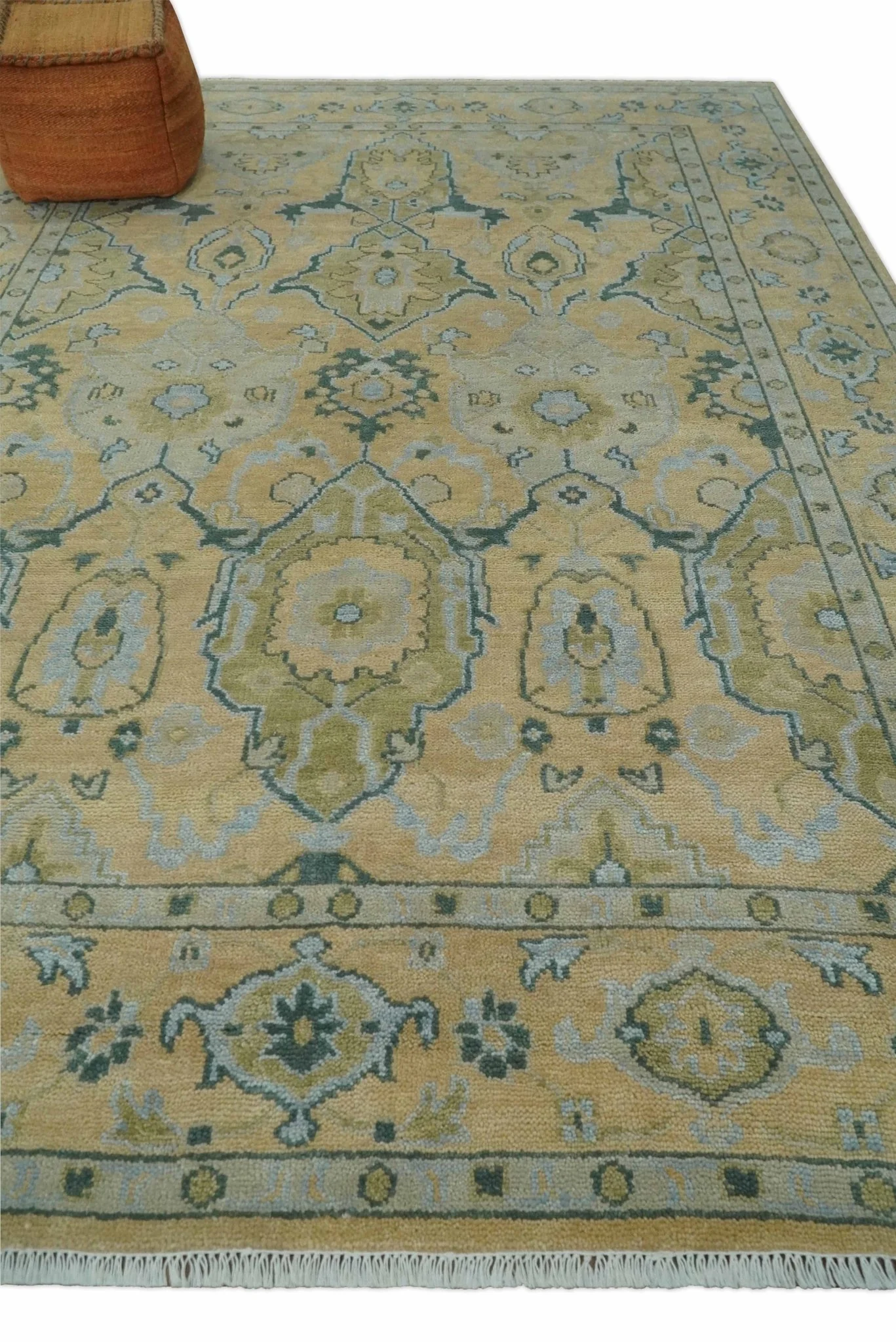 Hand Knotted 9x12 Oriental Oushak Beige and Blue Wool Area Rug | TRDCP1085912 - Image 3