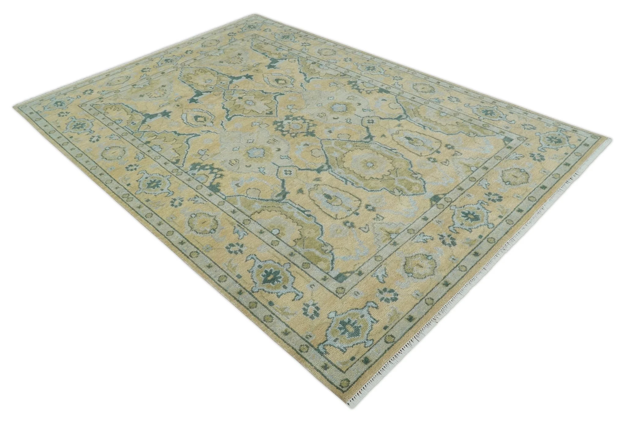 Hand Knotted 9x12 Oriental Oushak Beige and Blue Wool Area Rug | TRDCP1085912 - Image 9