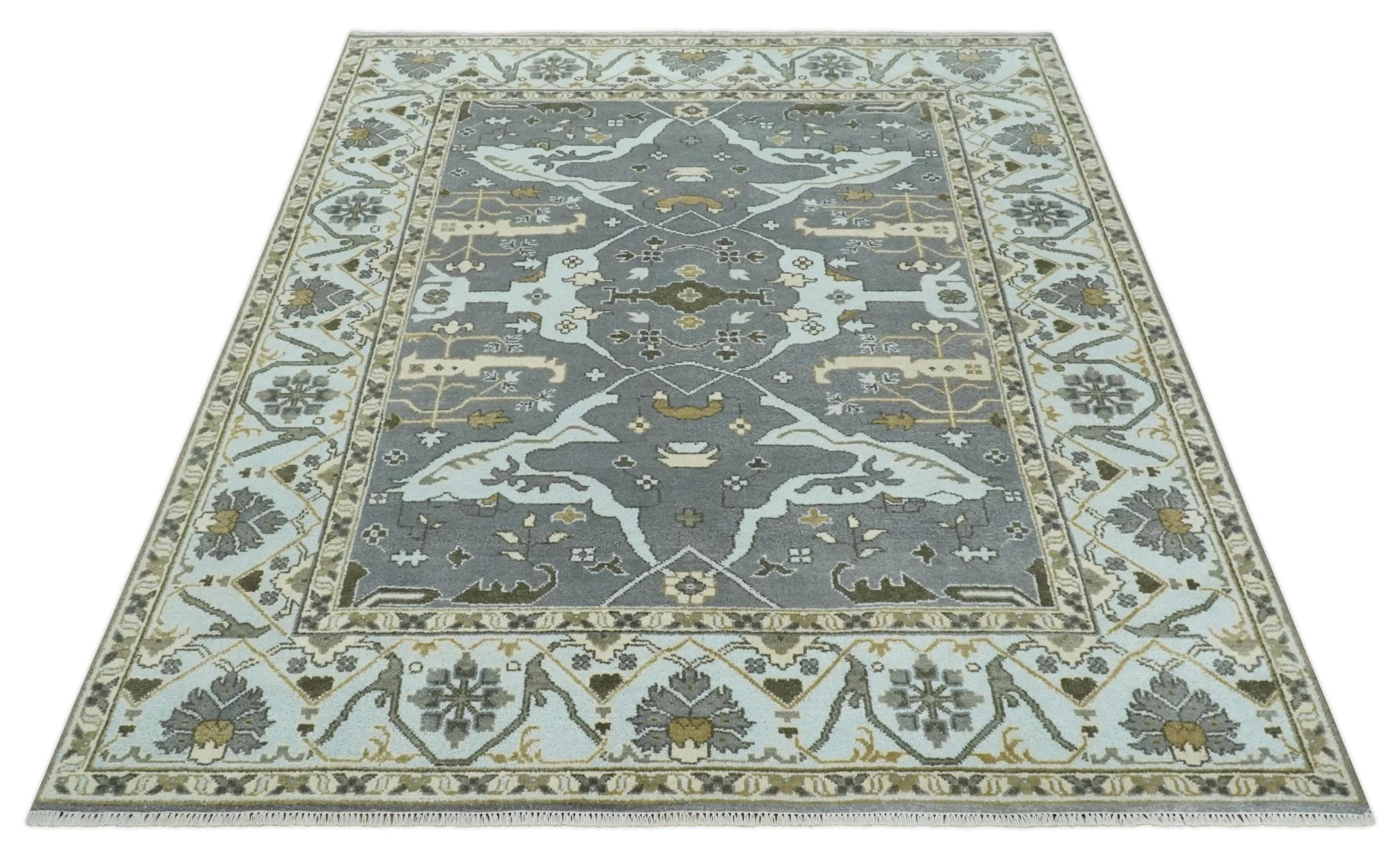 Hand Knotted 8x10 Oriental Oushak Charcoal, Aqua and Beige Wool Area Rug | TRDCP1184810 - Image 10