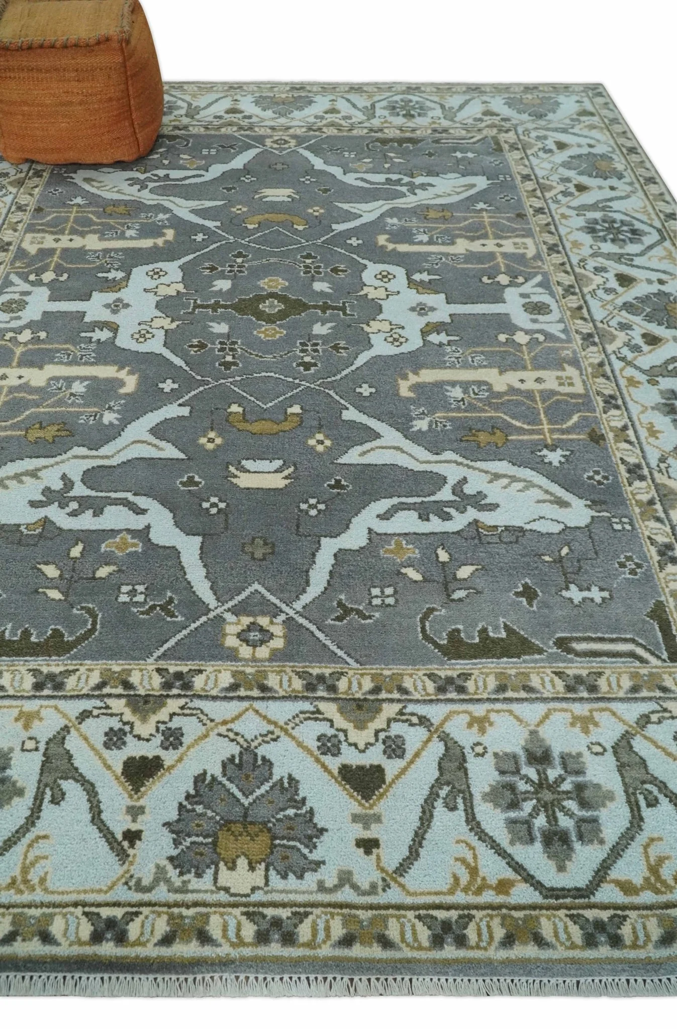 Hand Knotted 8x10 Oriental Oushak Charcoal, Aqua and Beige Wool Area Rug | TRDCP1184810 - Image 2