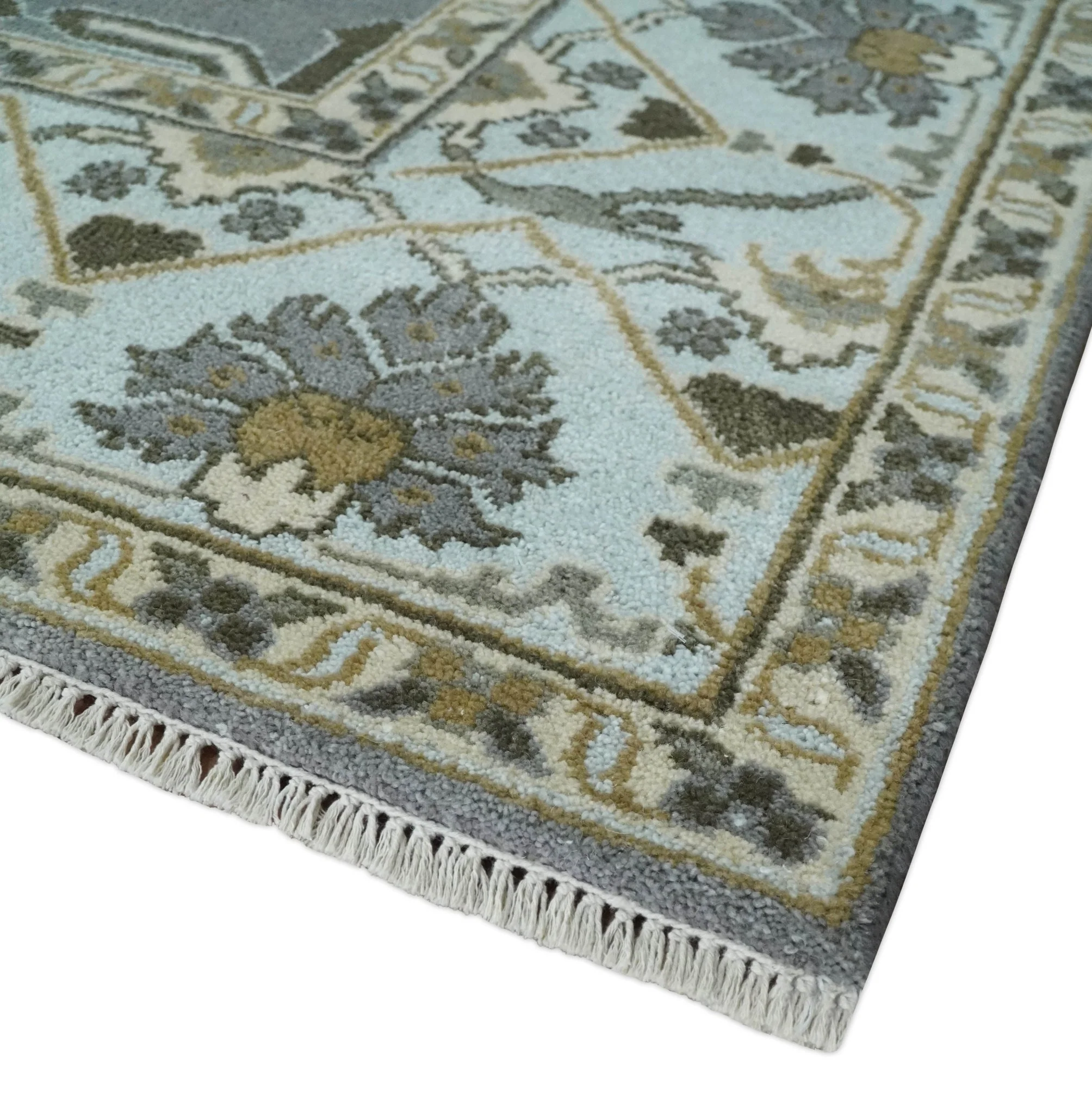 Hand Knotted 8x10 Oriental Oushak Charcoal, Aqua and Beige Wool Area Rug | TRDCP1184810 - Image 5