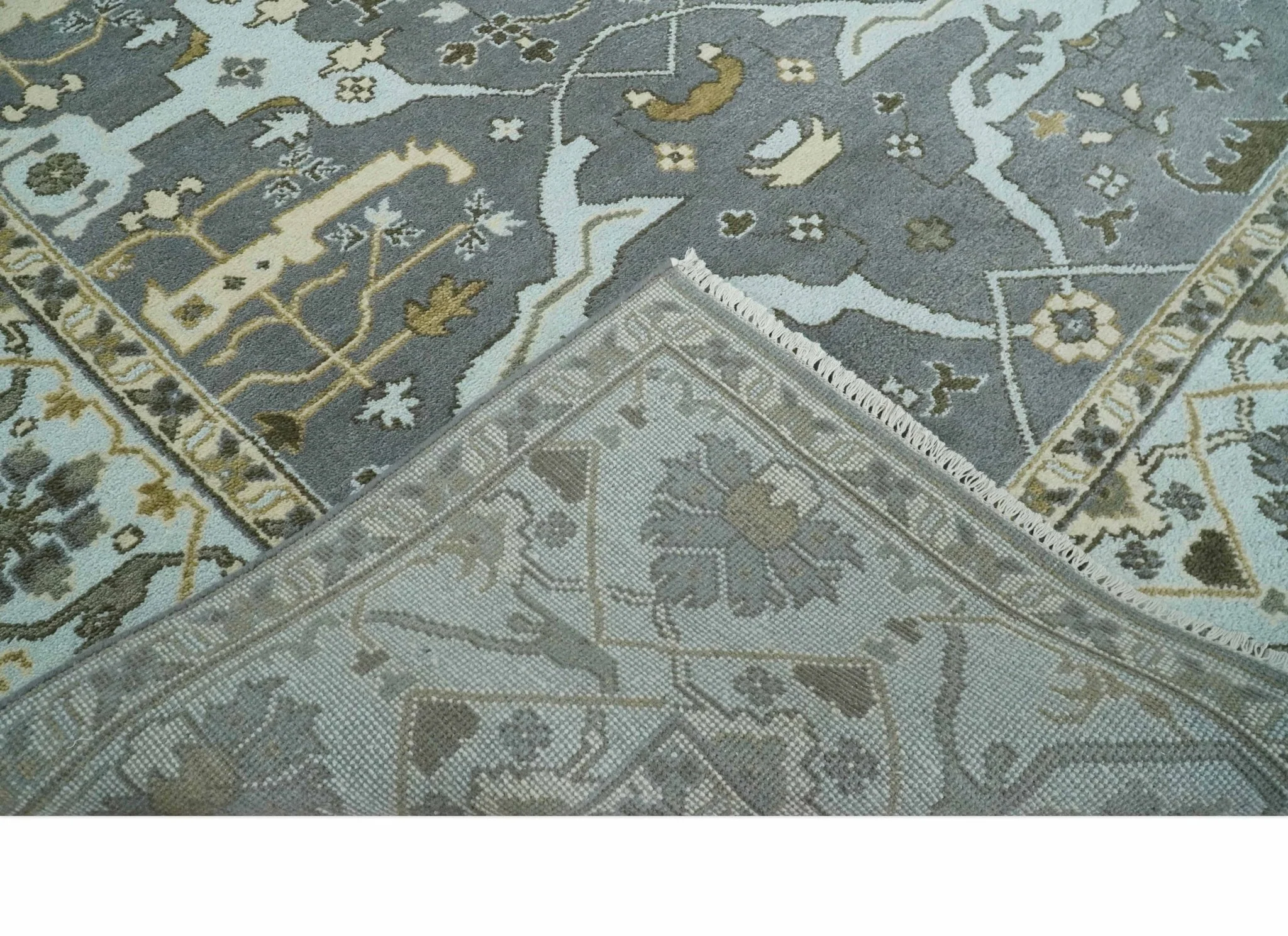 Hand Knotted 8x10 Oriental Oushak Charcoal, Aqua and Beige Wool Area Rug | TRDCP1184810 - Image 7
