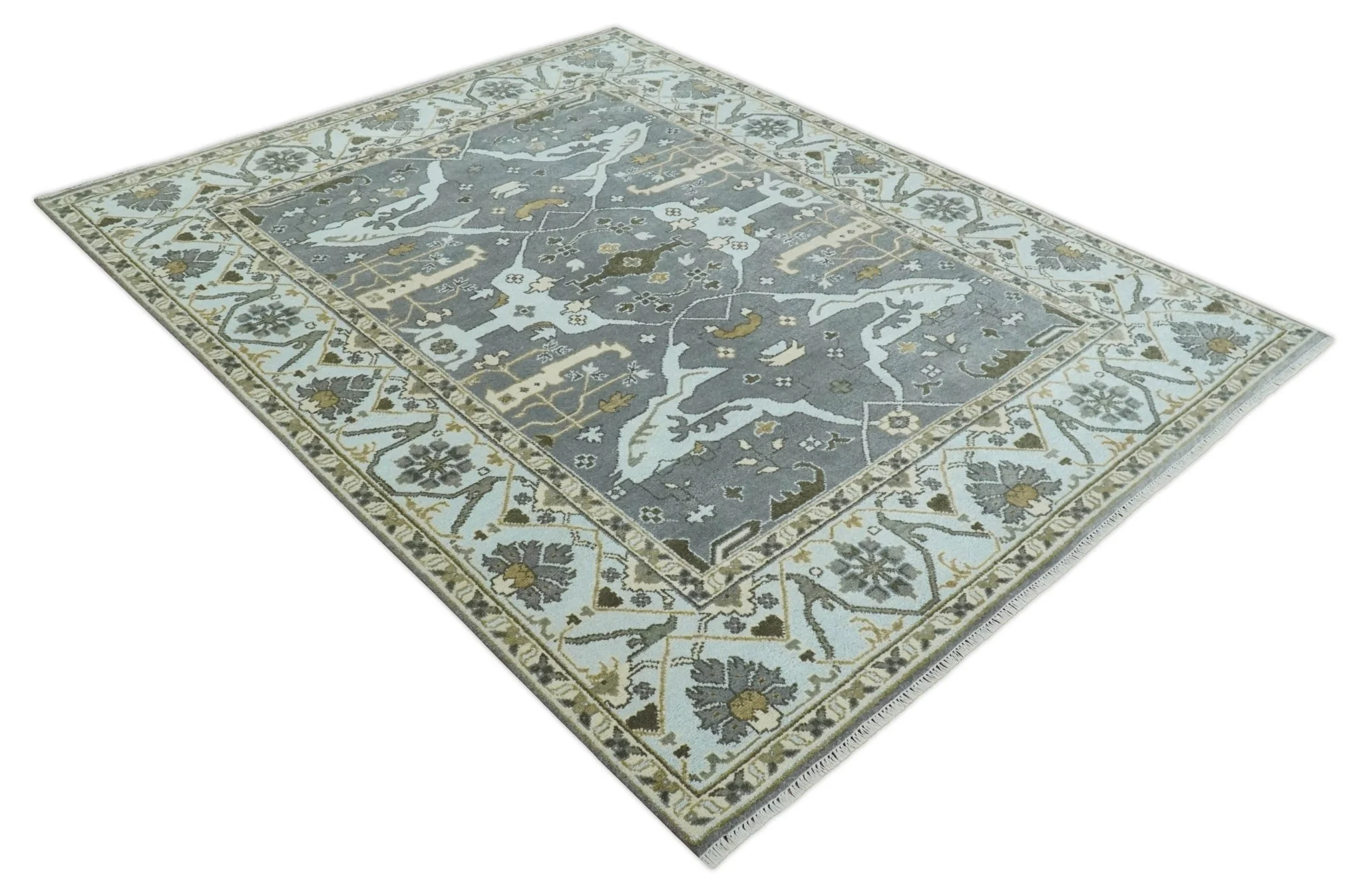 Hand Knotted 8x10 Oriental Oushak Charcoal, Aqua and Beige Wool Area Rug | TRDCP1184810 - Image 9