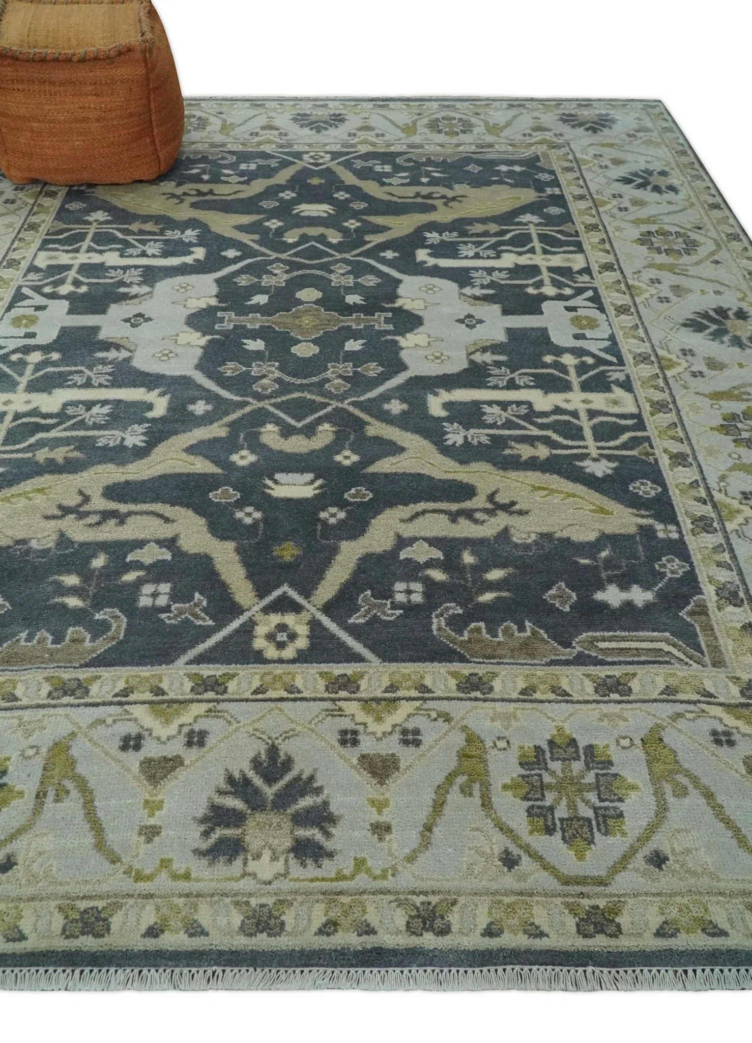 Hand Knotted 8x10 Oriental Oushak Charcoal, Ivory and Beige Wool Area Rug - Image 3