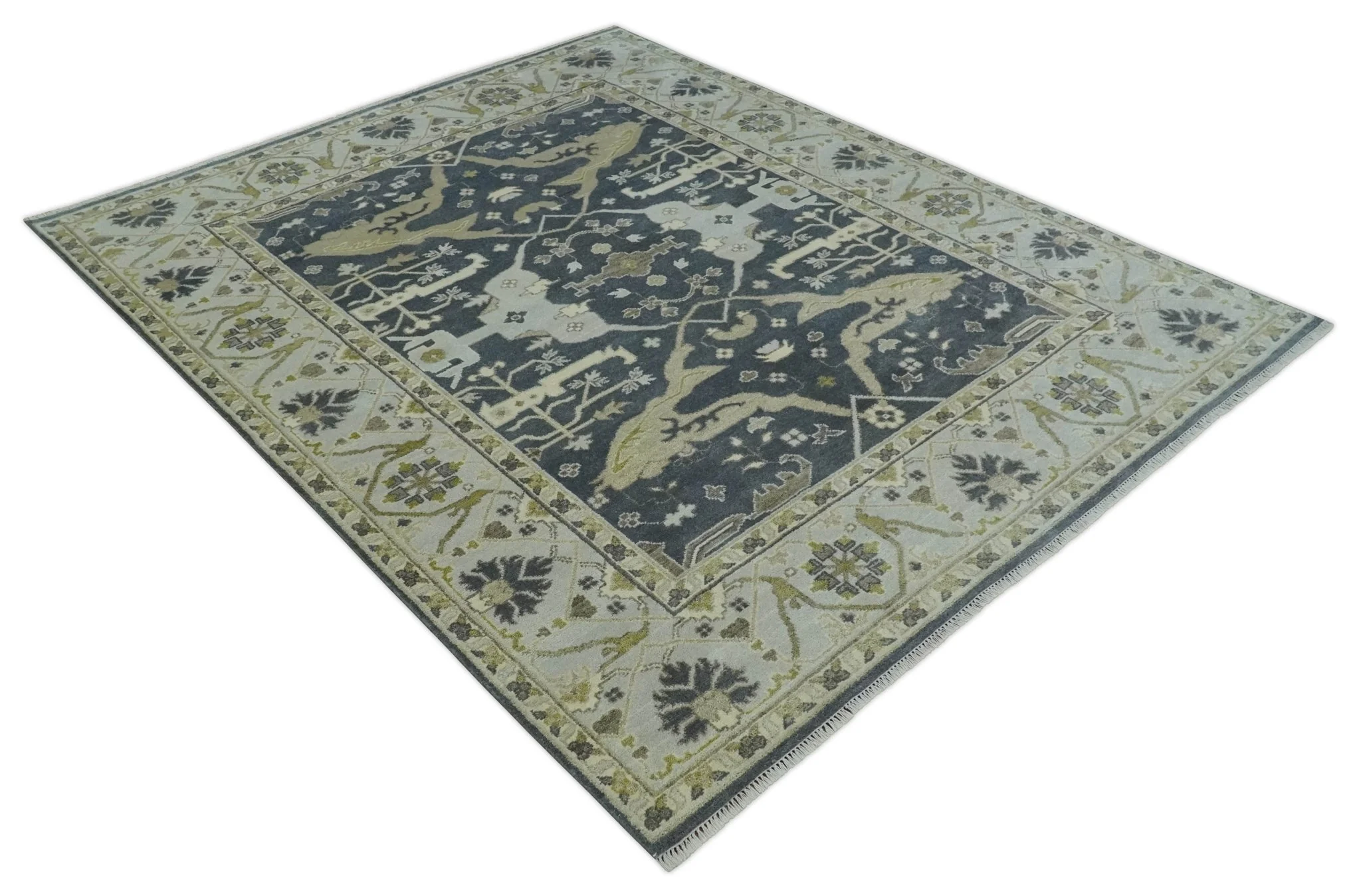 Hand Knotted 8x10 Oriental Oushak Charcoal, Ivory and Beige Wool Area Rug - Image 8