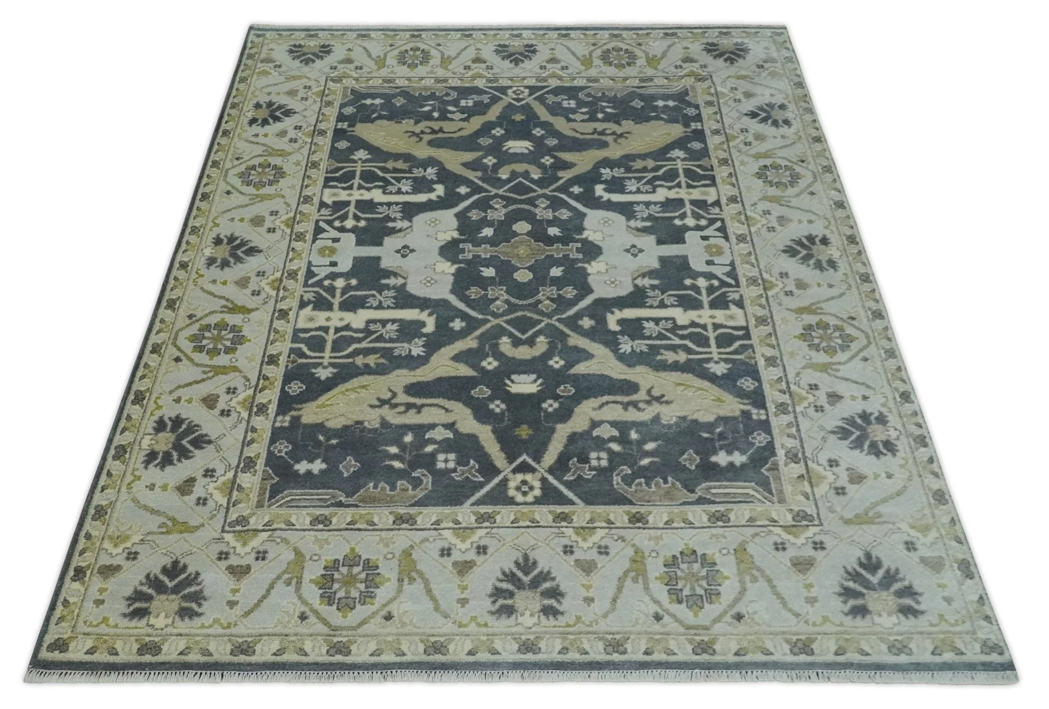 Hand Knotted 8x10 Oriental Oushak Charcoal, Ivory and Beige Wool Area Rug - Image 9