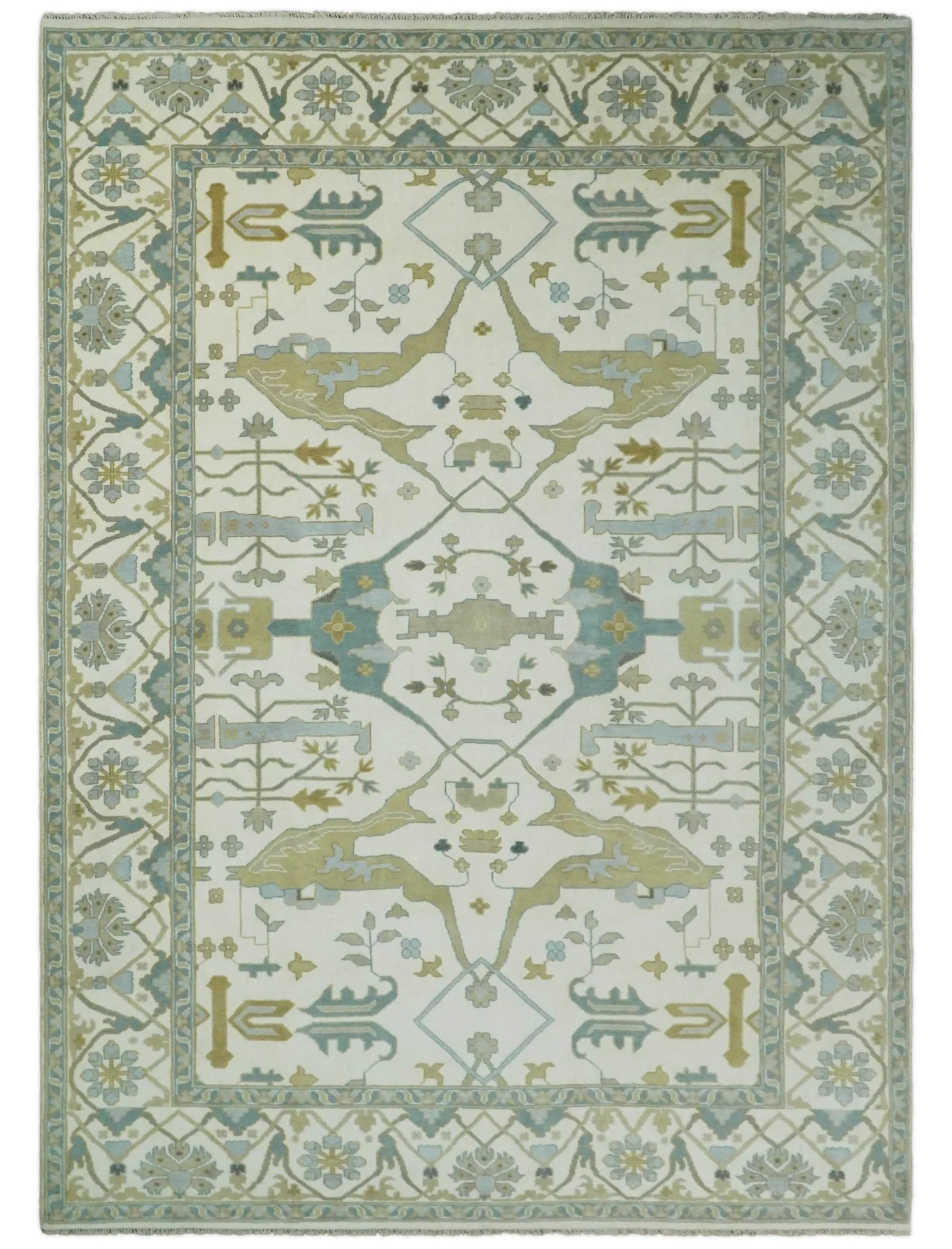 Custom Made Hand Knotted Oriental Oushak Ivory and Light Blue Wool Area Rug - Image 10