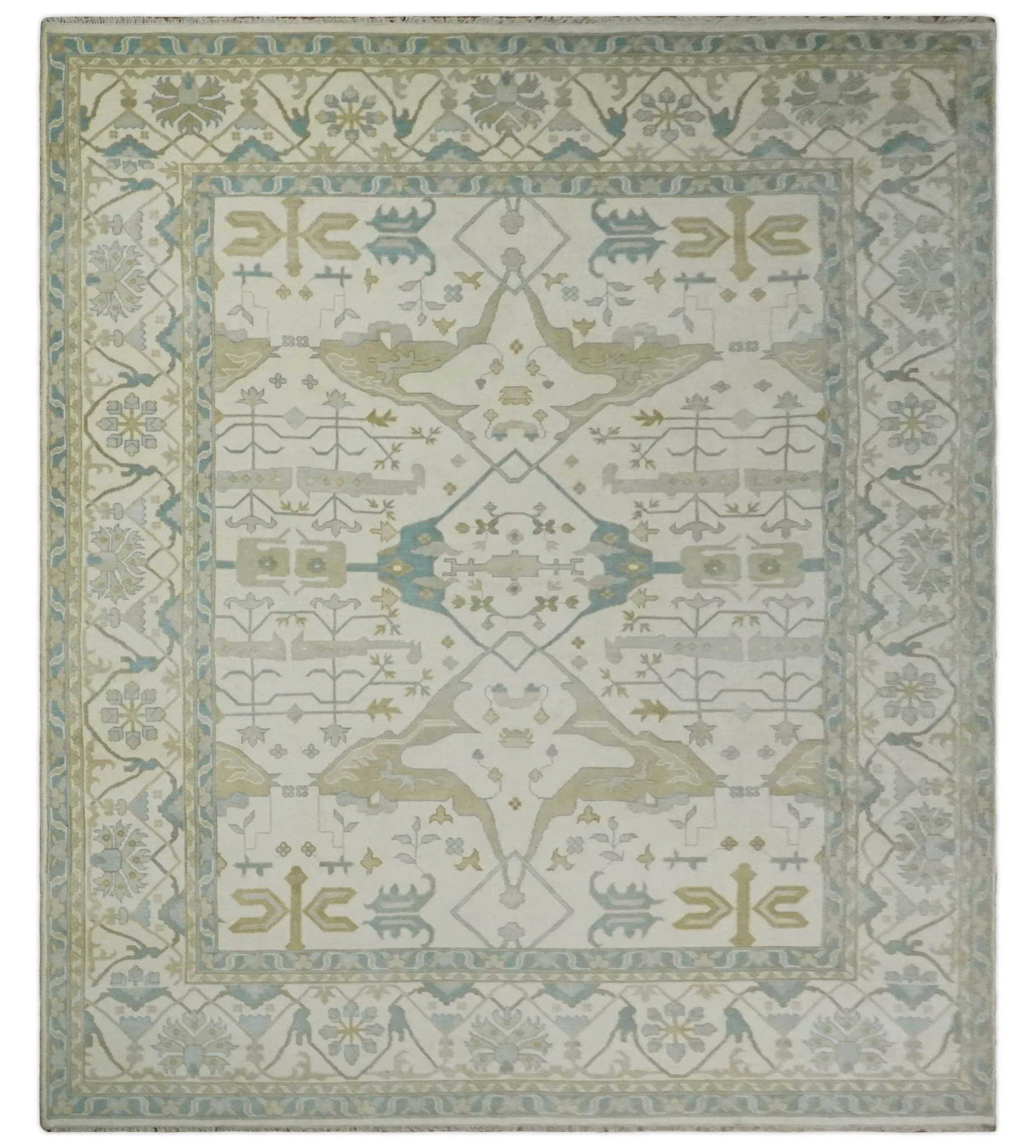 Custom Made Hand Knotted Oriental Oushak Ivory and Light Blue Wool Area Rug - Image 11