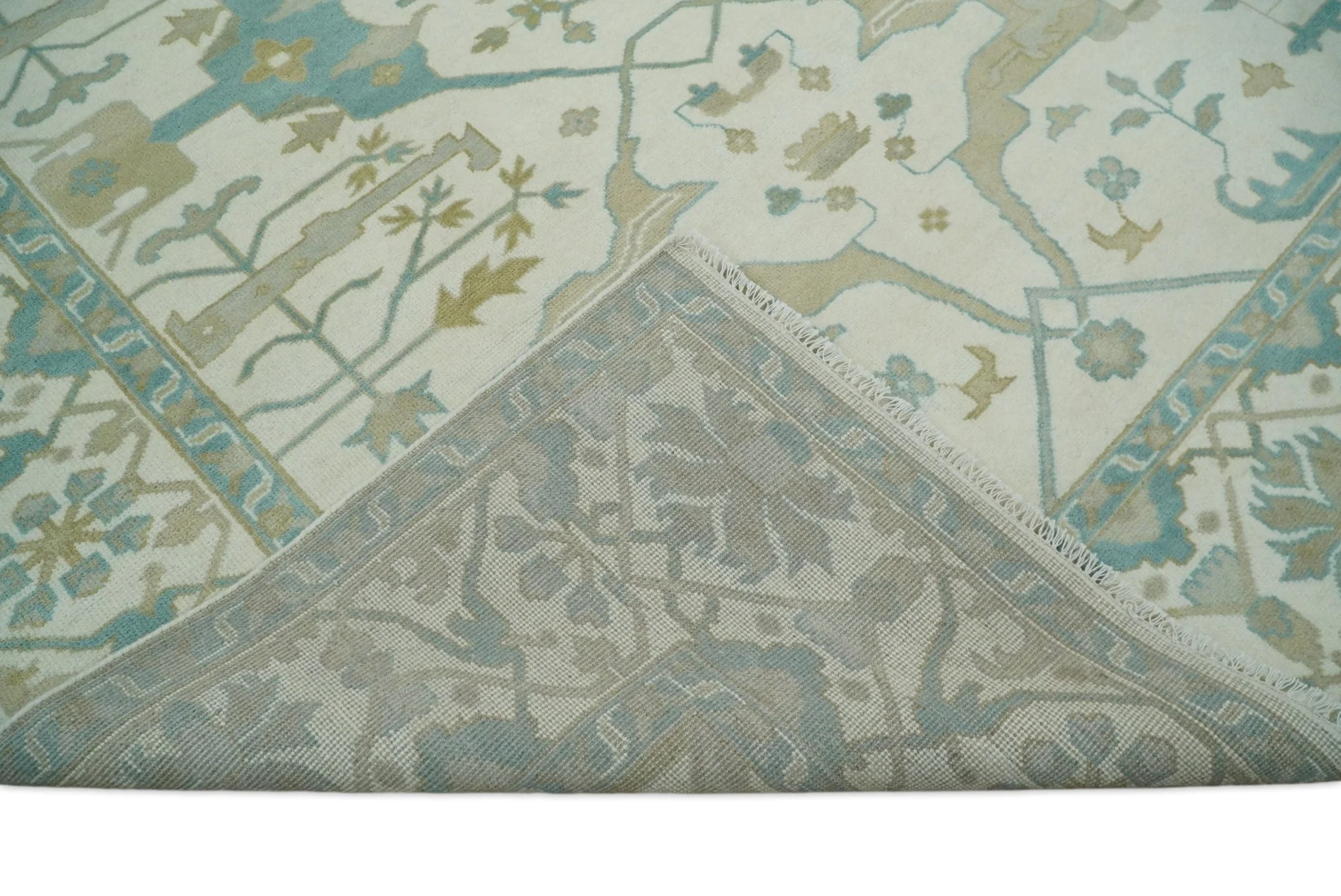Custom Made Hand Knotted Oriental Oushak Ivory and Light Blue Wool Area Rug - Image 3
