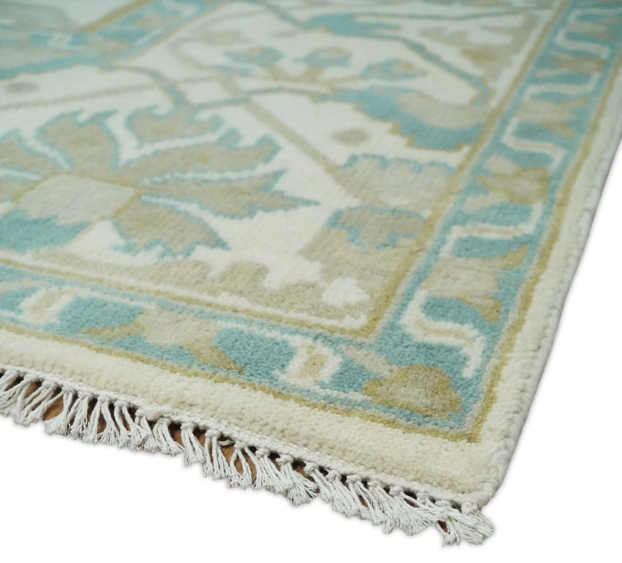 Custom Made Hand Knotted Oriental Oushak Ivory and Light Blue Wool Area Rug - Image 4
