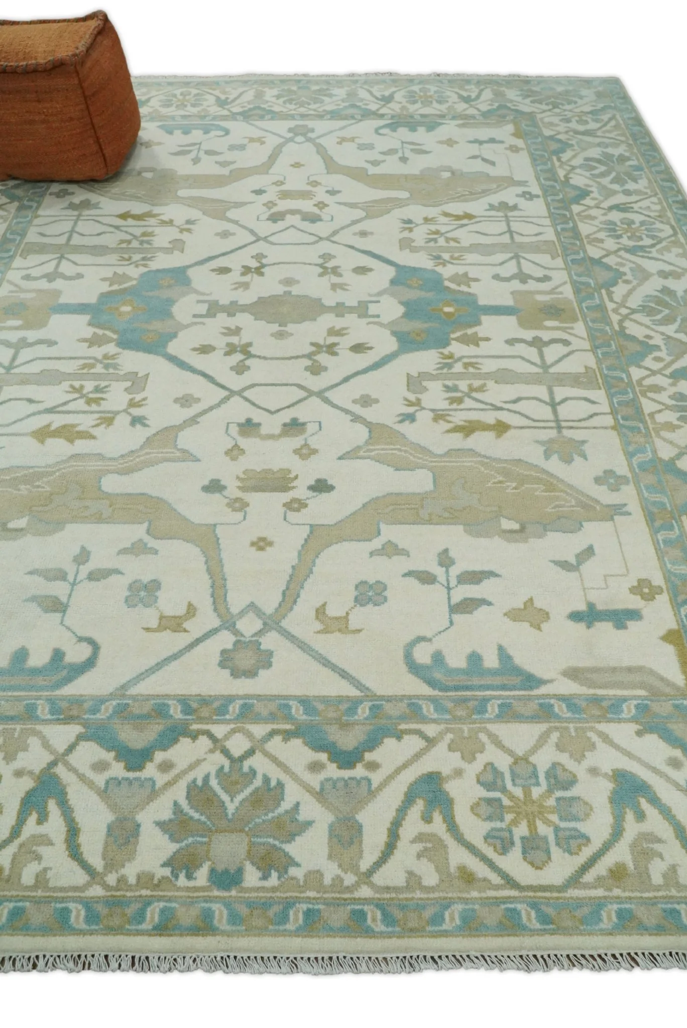 Custom Made Hand Knotted Oriental Oushak Ivory and Light Blue Wool Area Rug - Image 6