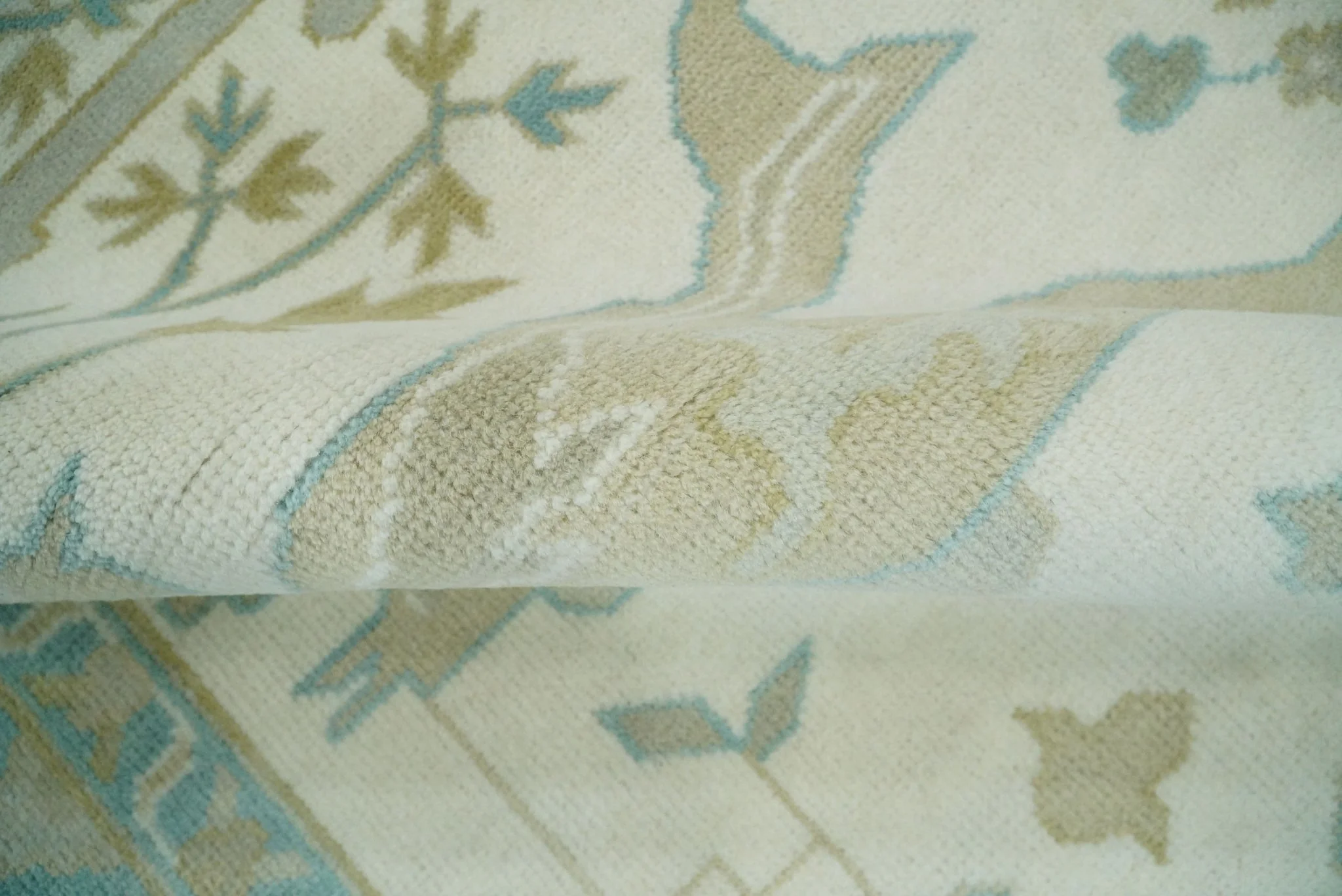 Custom Made Hand Knotted Oriental Oushak Ivory and Light Blue Wool Area Rug - Image 7