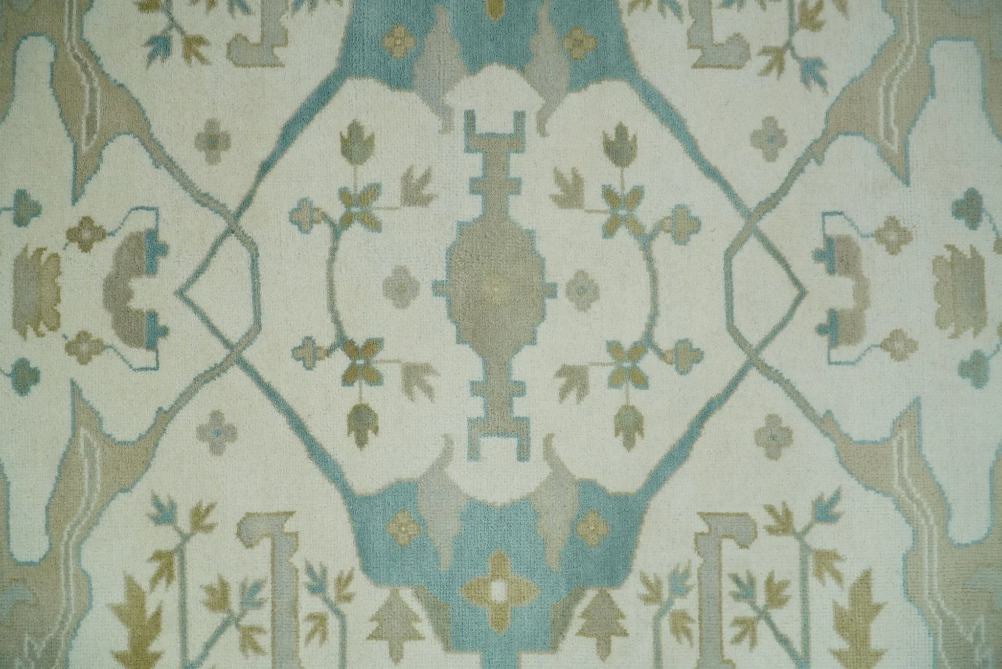 Custom Made Hand Knotted Oriental Oushak Ivory and Light Blue Wool Area Rug - Image 8