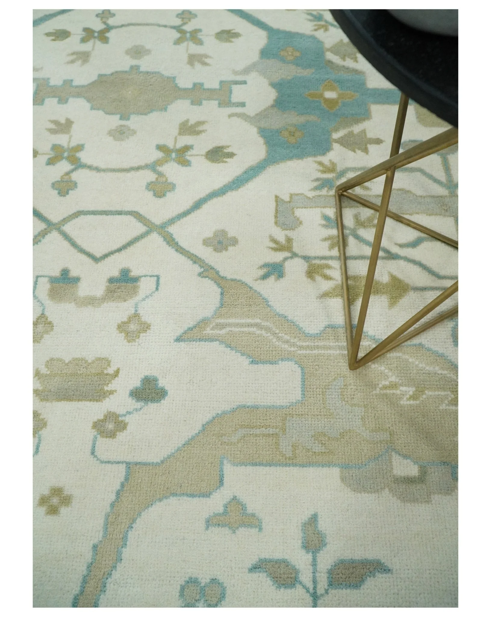 Custom Made Hand Knotted Oriental Oushak Ivory and Light Blue Wool Area Rug - Image 9
