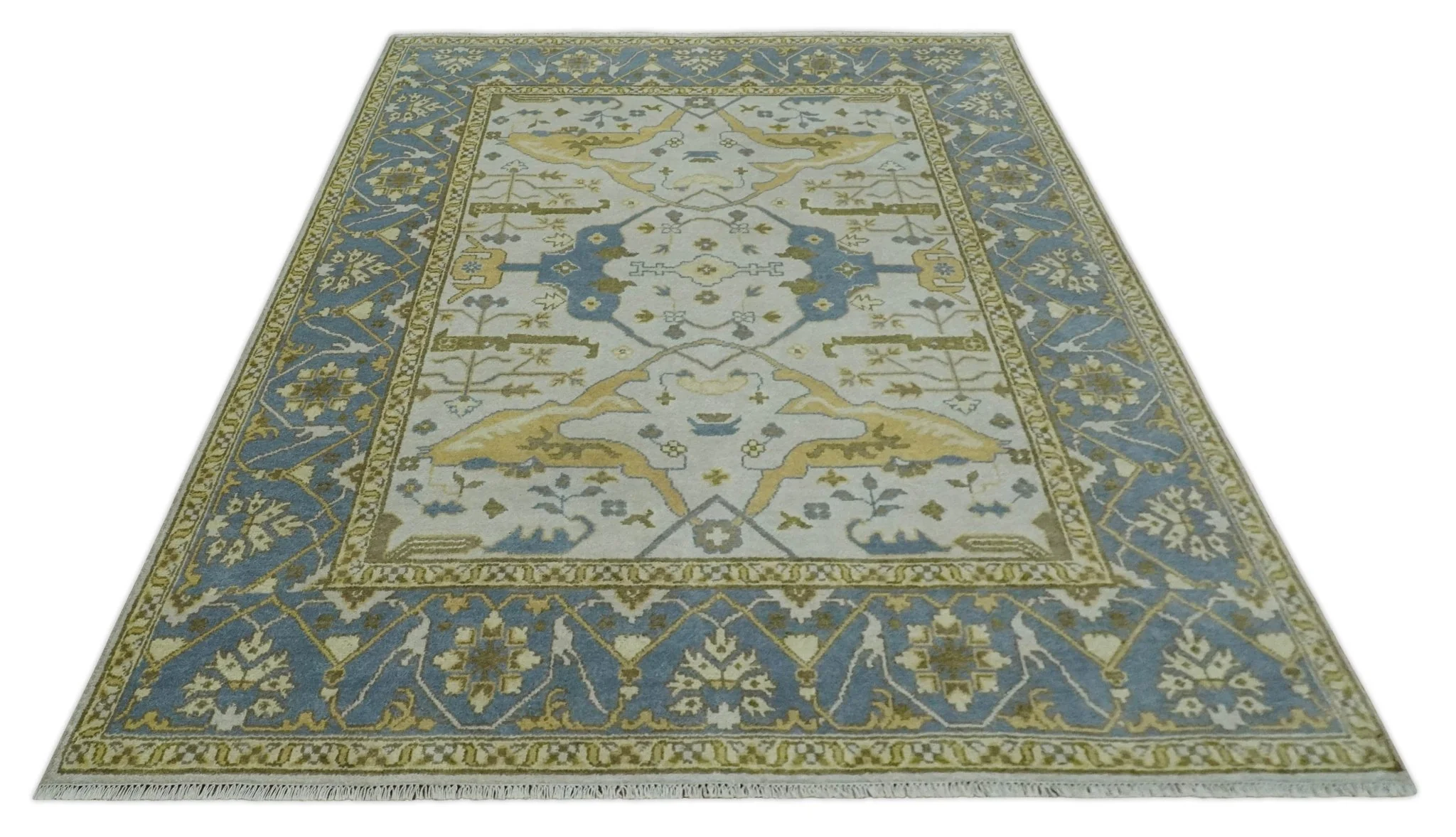 Hand Knotted 8x10 Oriental Oushak Ivory, Beige and Gray Wool Area Rug - Image 10