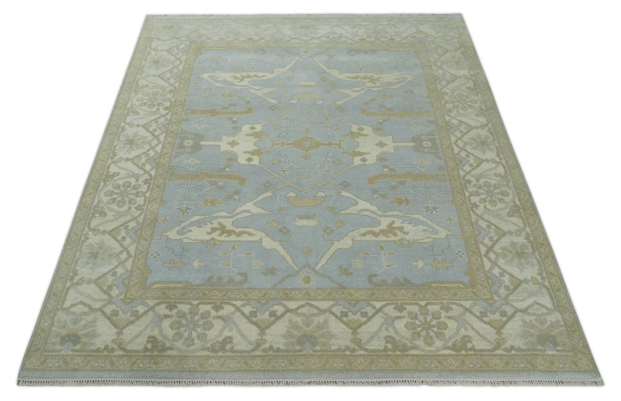 Hand Knotted 8x10 Oriental Oushak Silver, Ivory and Beige Wool Area Rug | TRDCP1160810 - Image 10