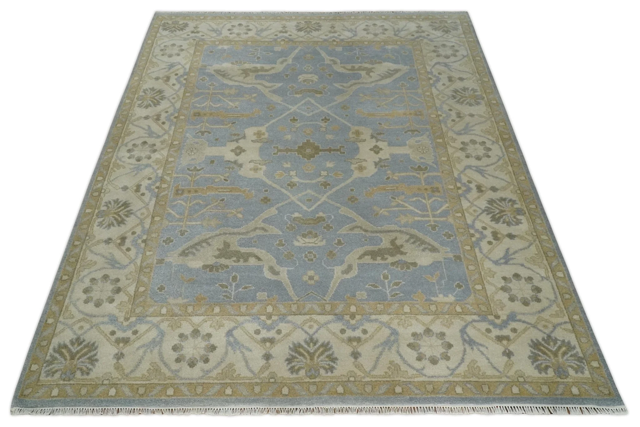 8x10 Hand Knotted Oriental Oushak Silver, Ivory and Beige Wool Area Rug | TRDCP1164810 - Image 9