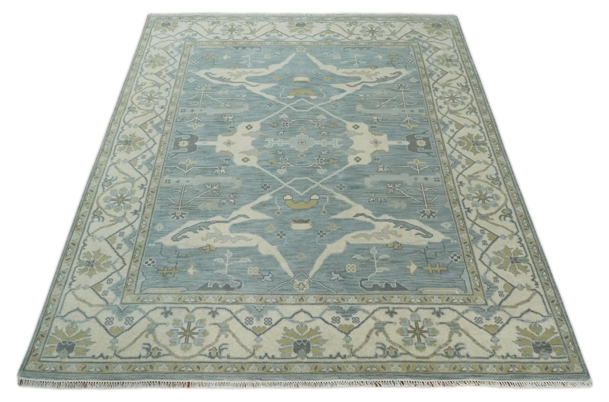 Hand Knotted 8x10 Oriental Oushak Silver, Ivory and Beige Wool Area Rug | TRDCP1195810 - Image 10