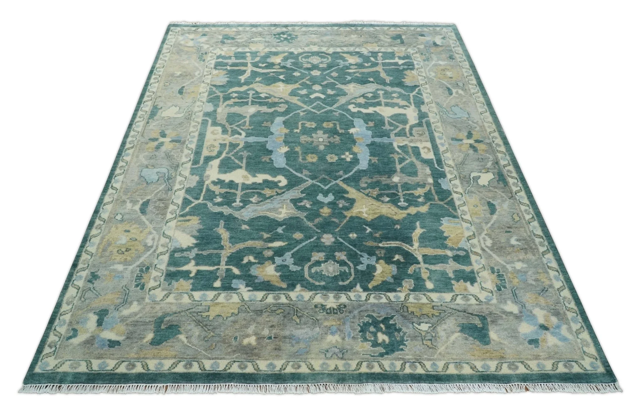 Hand Knotted Oriental Oushak Teal and Gray Multi Size Wool Area Rug - Image 11