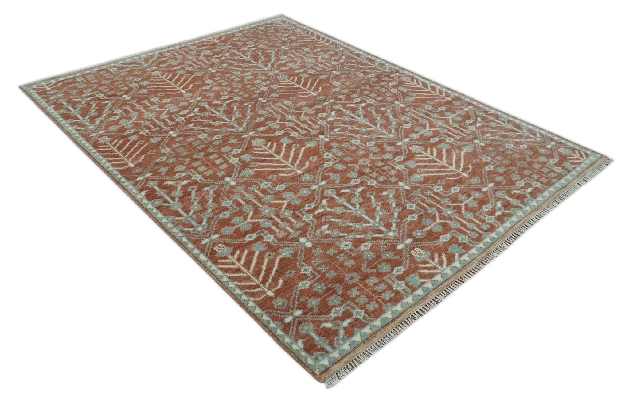 Hand knotted 8x10 Rust and Aqua Floral wool Area Rug - Image 10