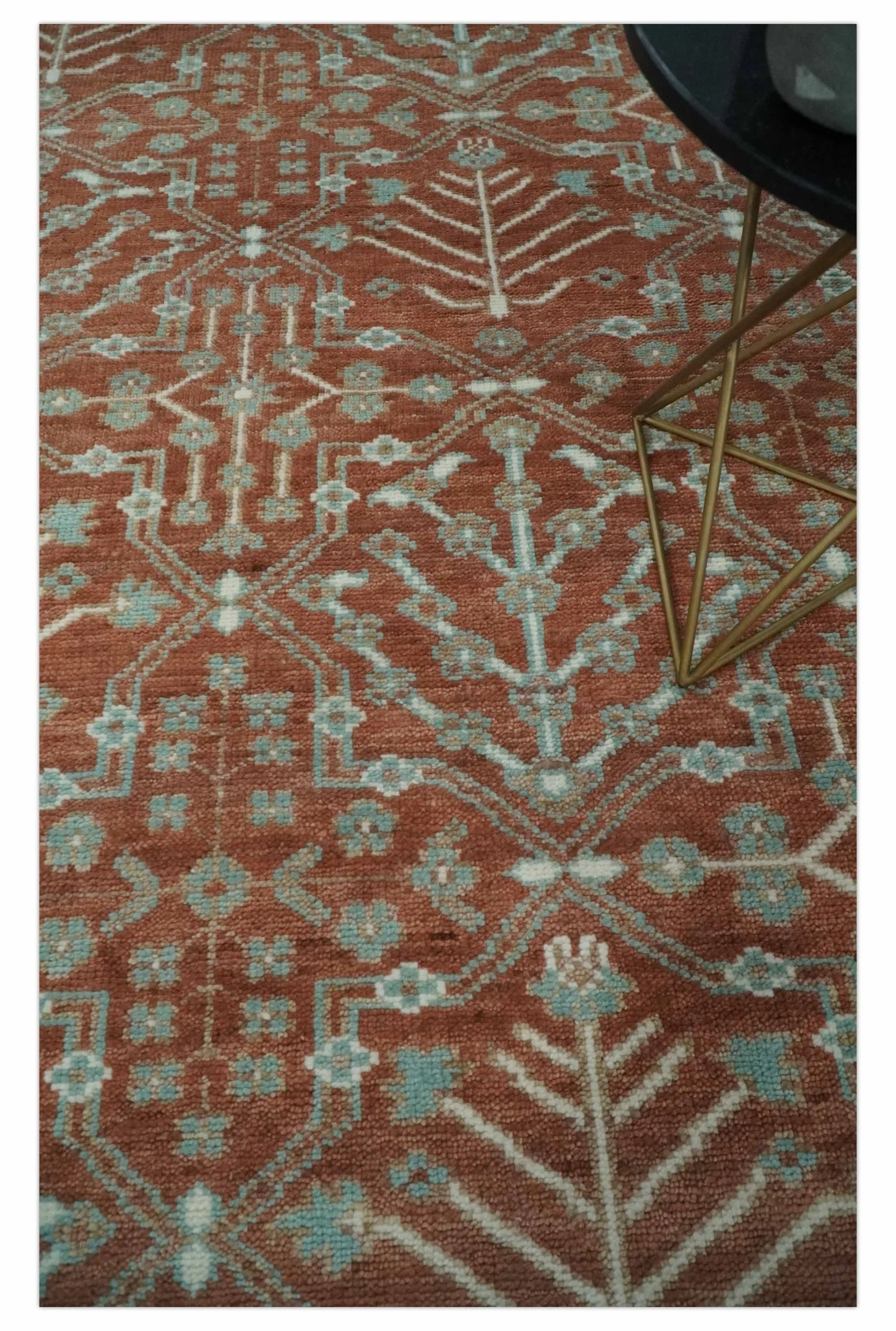 Hand knotted 8x10 Rust and Aqua Floral wool Area Rug - Image 2