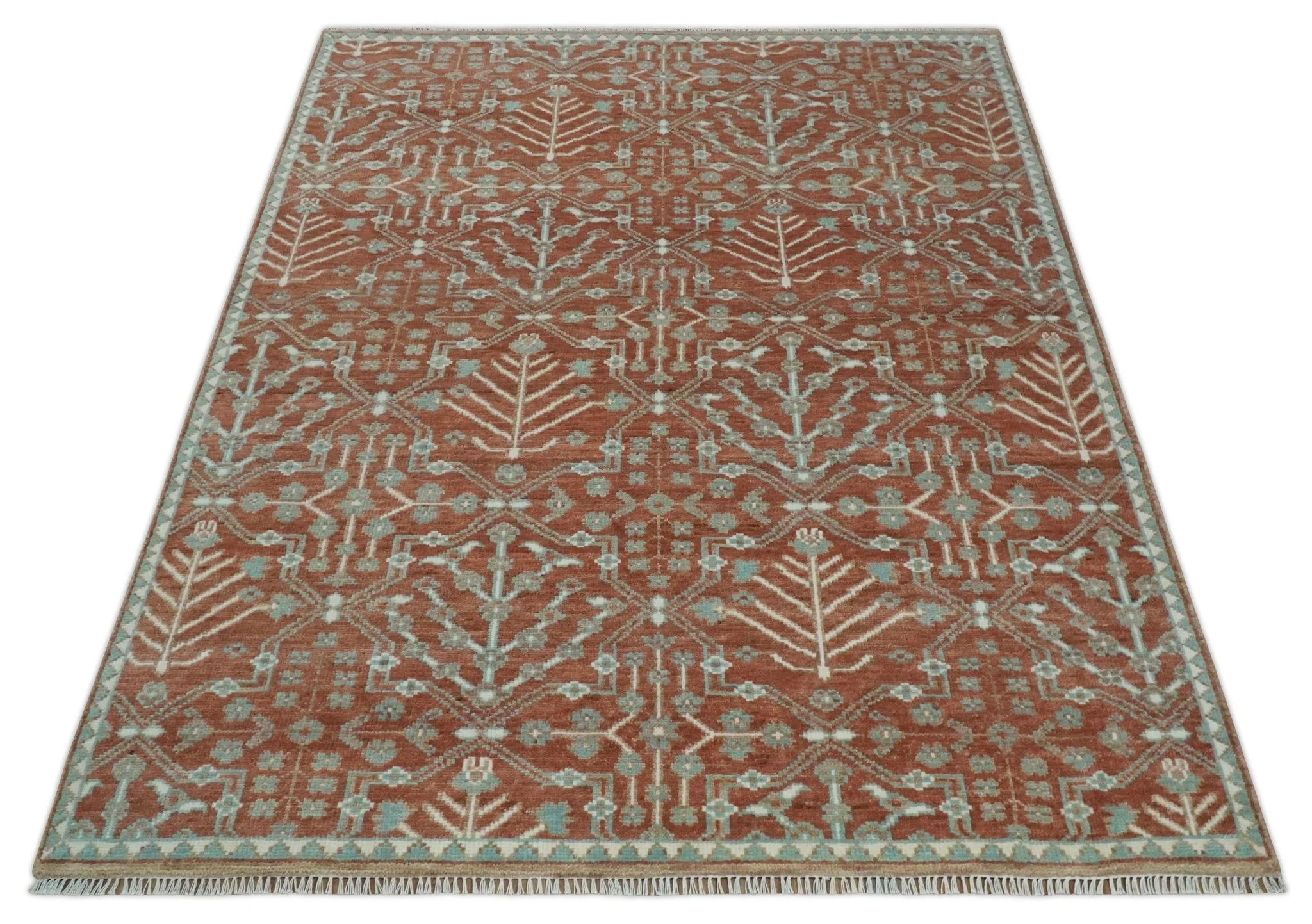 Hand knotted 8x10 Rust and Aqua Floral wool Area Rug - Image 9