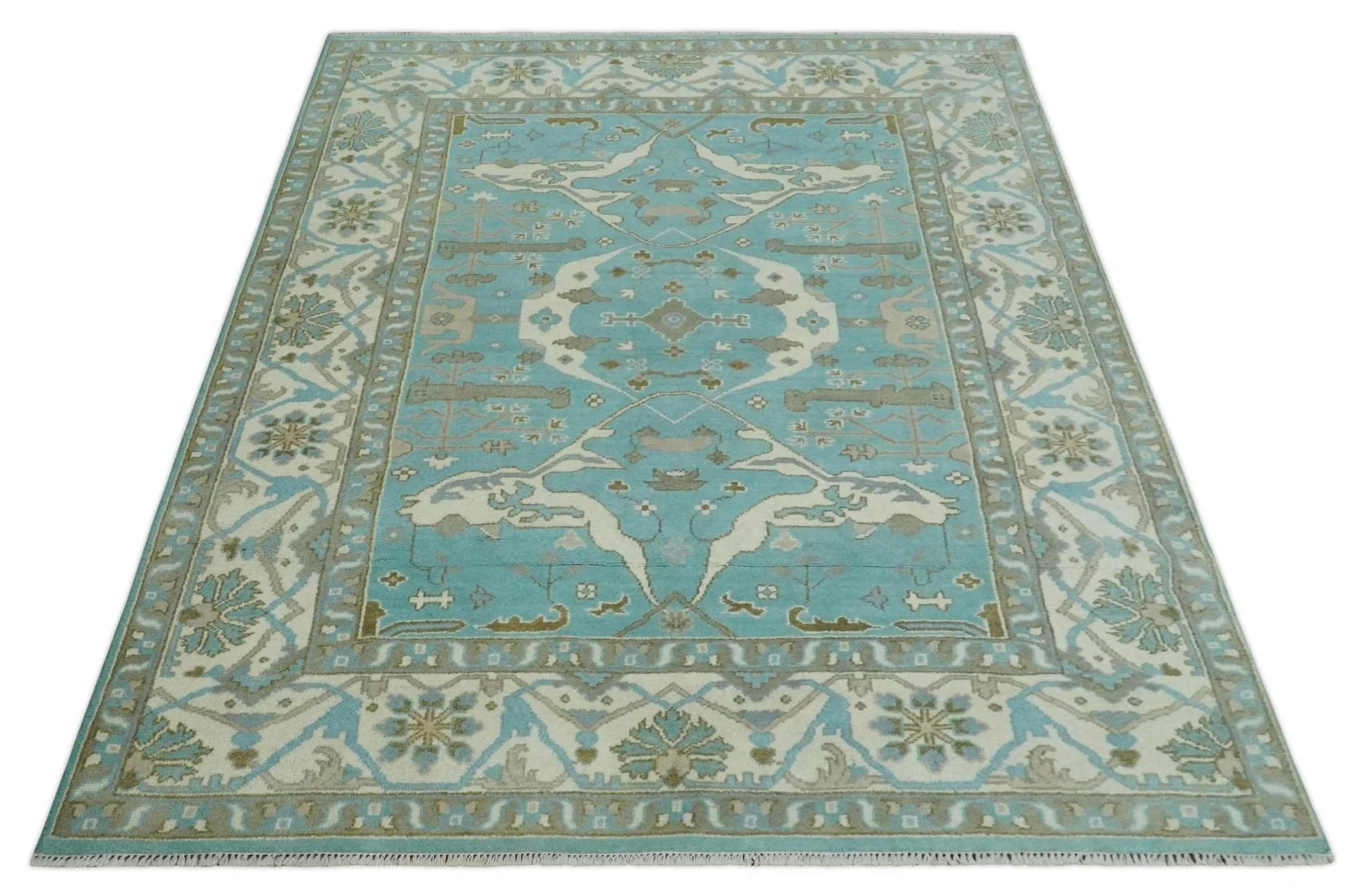 Hand Knotted 8x10 Oushak Aqua, Ivory and Brown Wool Area Rug - Image 10