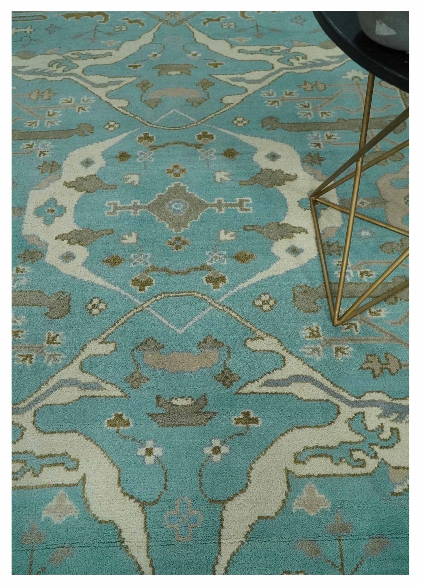 Hand Knotted 8x10 Oushak Aqua, Ivory and Brown Wool Area Rug - Image 2