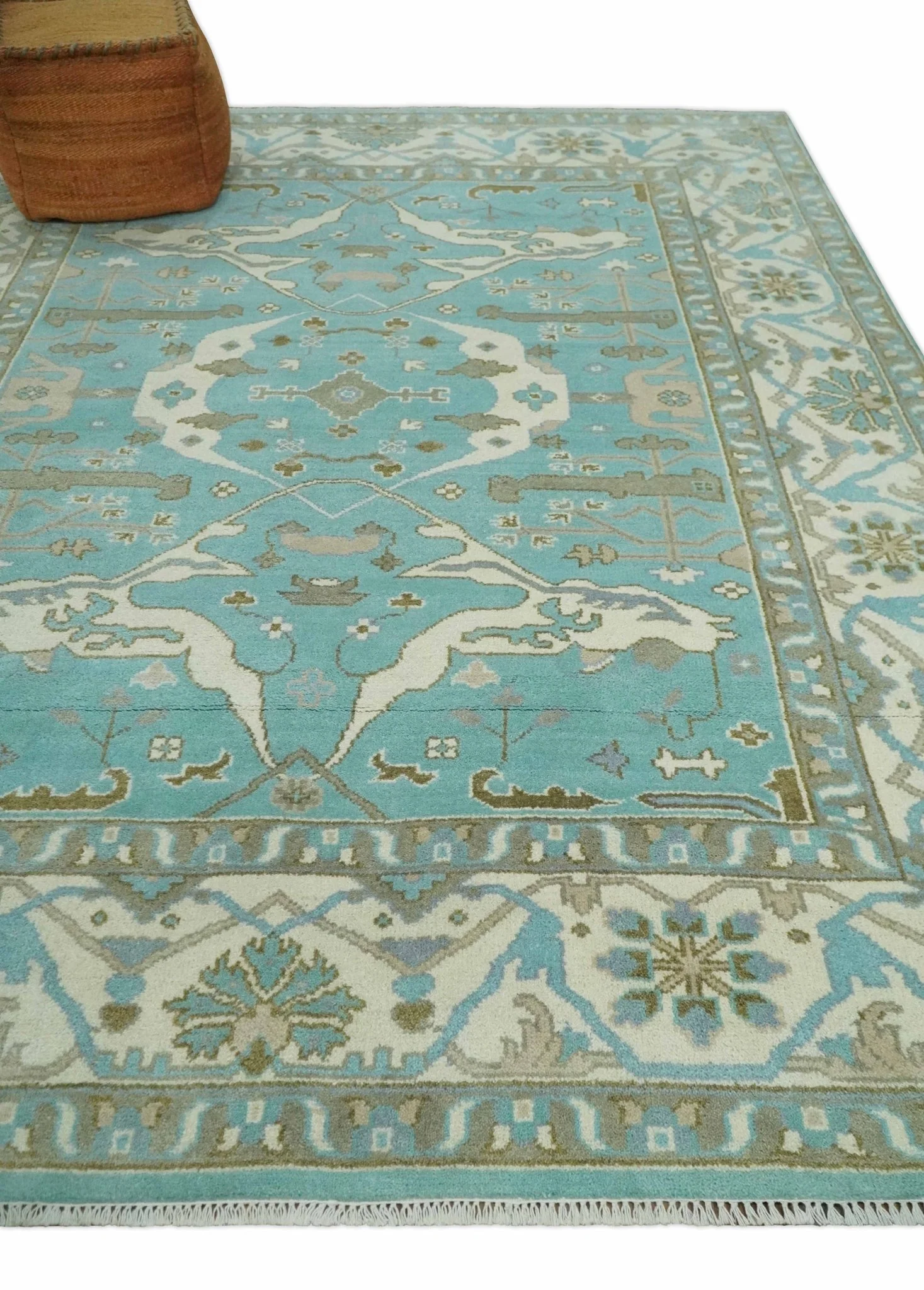 Hand Knotted 8x10 Oushak Aqua, Ivory and Brown Wool Area Rug - Image 3