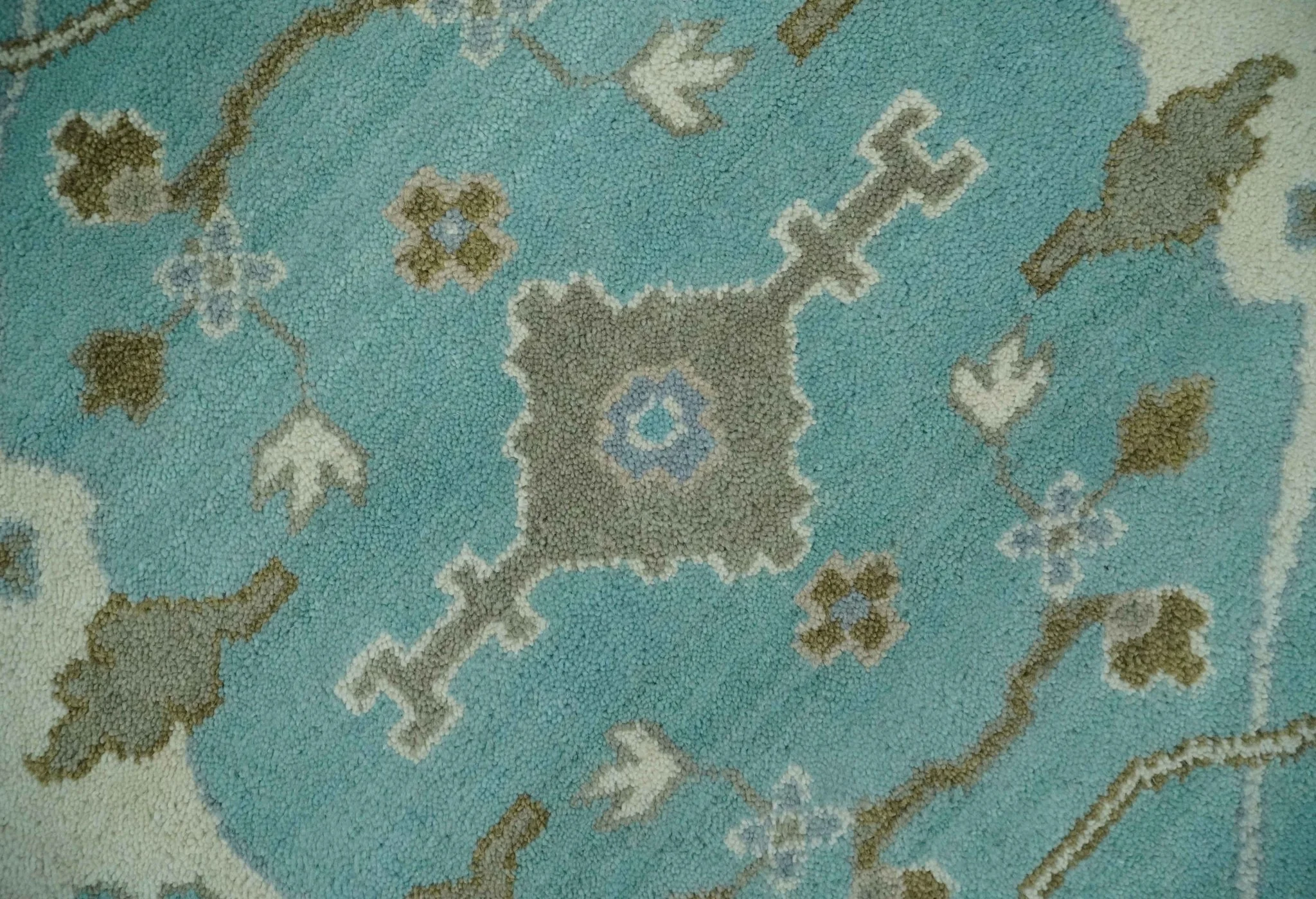Hand Knotted 8x10 Oushak Aqua, Ivory and Brown Wool Area Rug - Image 4