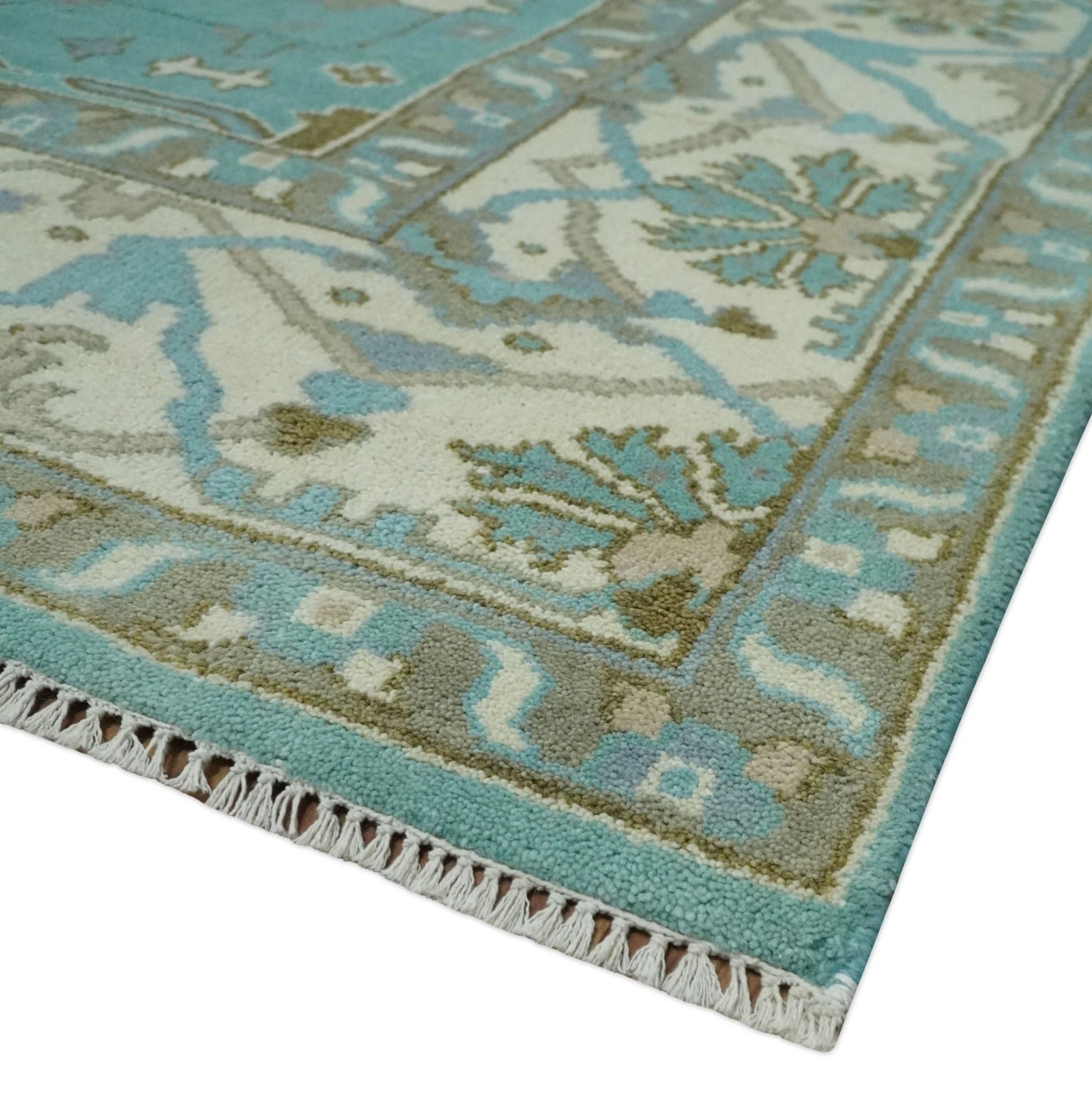 Hand Knotted 8x10 Oushak Aqua, Ivory and Brown Wool Area Rug - Image 5