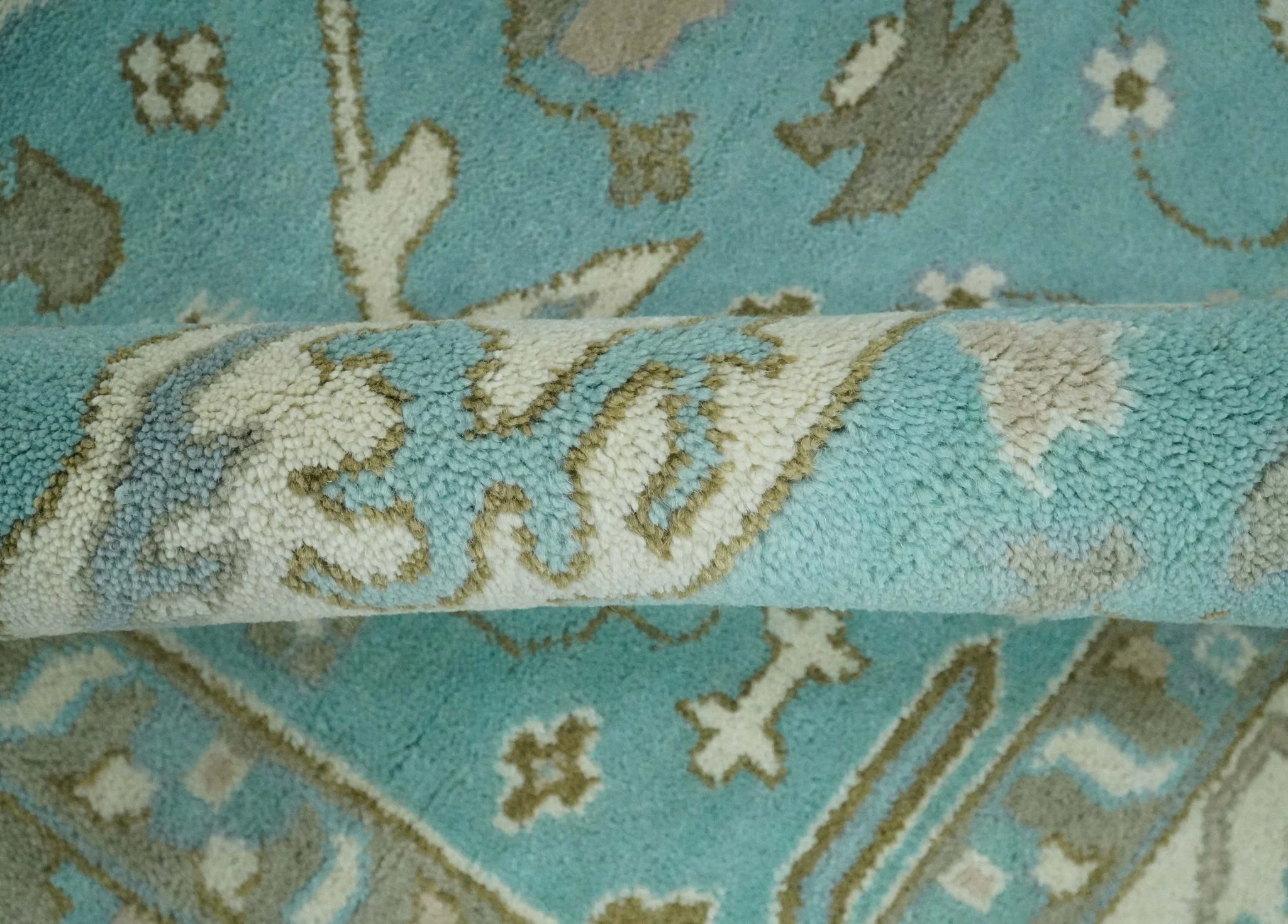 Hand Knotted 8x10 Oushak Aqua, Ivory and Brown Wool Area Rug - Image 6