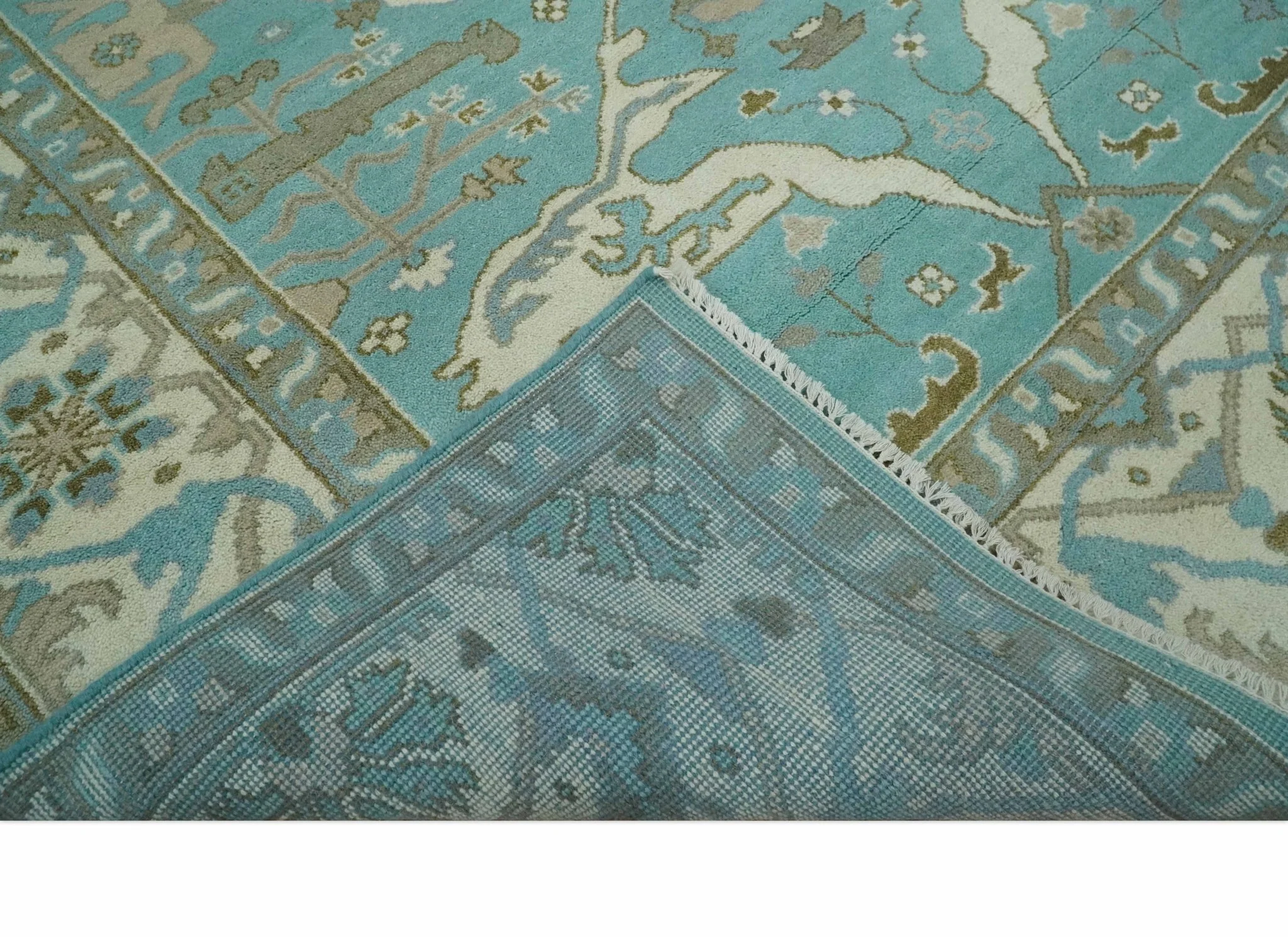 Hand Knotted 8x10 Oushak Aqua, Ivory and Brown Wool Area Rug - Image 7