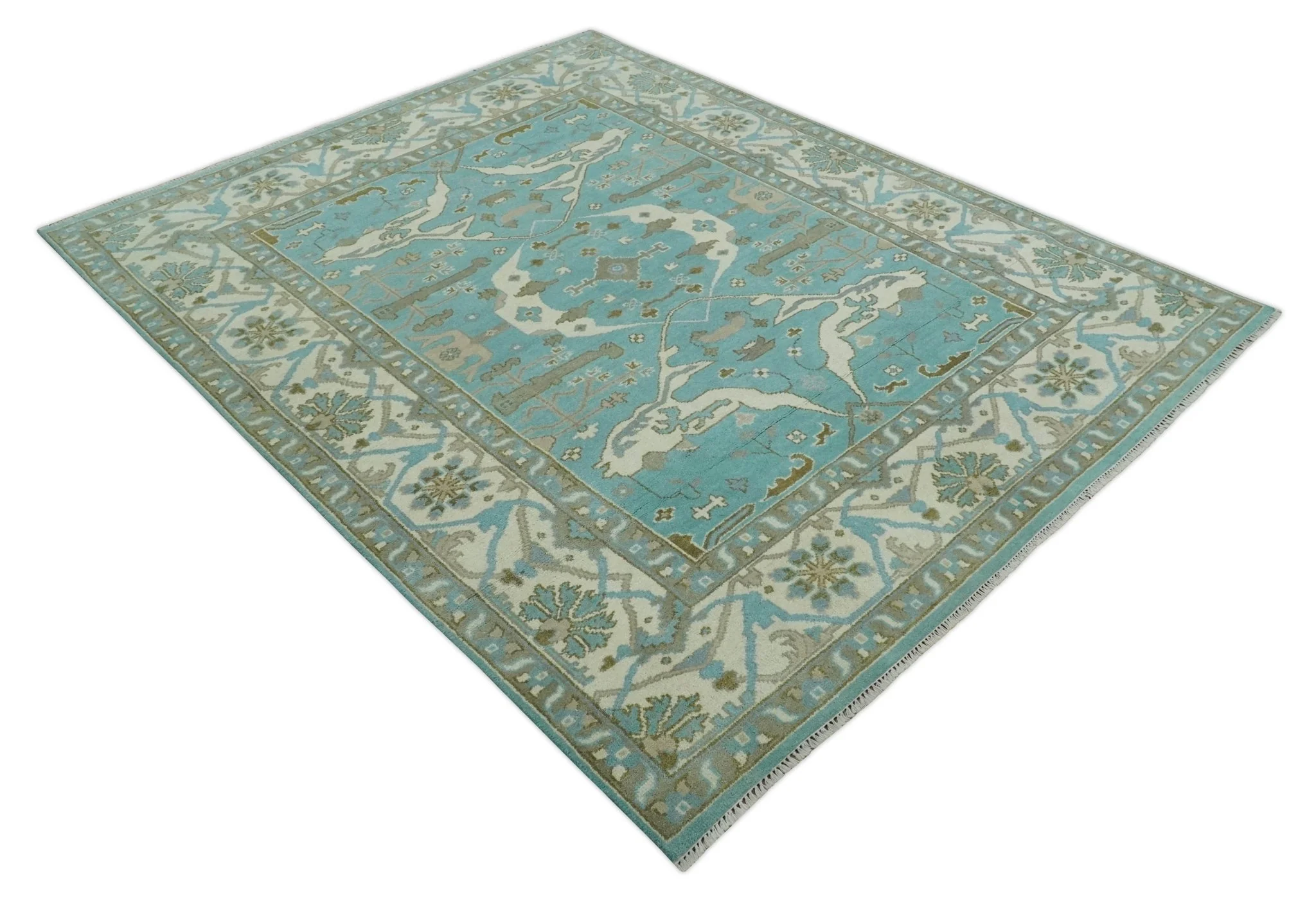 Hand Knotted 8x10 Oushak Aqua, Ivory and Brown Wool Area Rug - Image 9