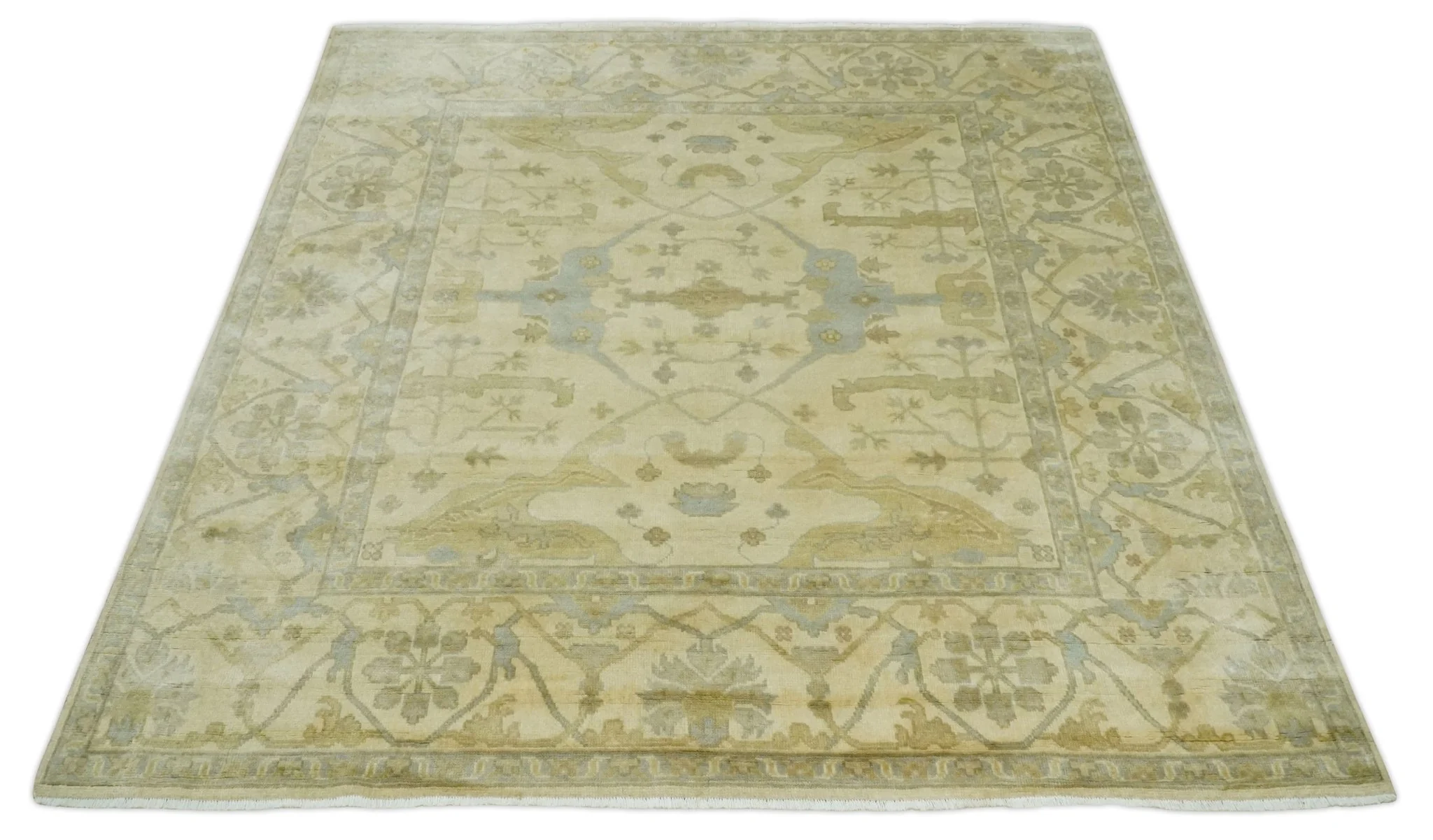 Hand Knotted 8x8 Oriental Oushak Ivory, Beige and Gray Wool Area Rug - Image 10
