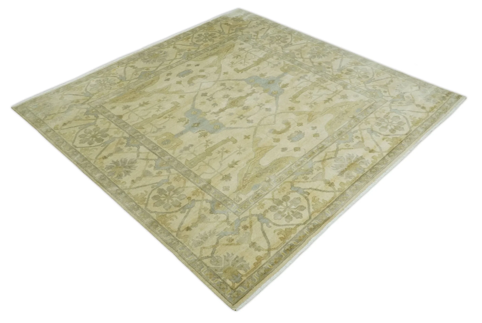 Hand Knotted 8x8 Oriental Oushak Ivory, Beige and Gray Wool Area Rug - Image 9