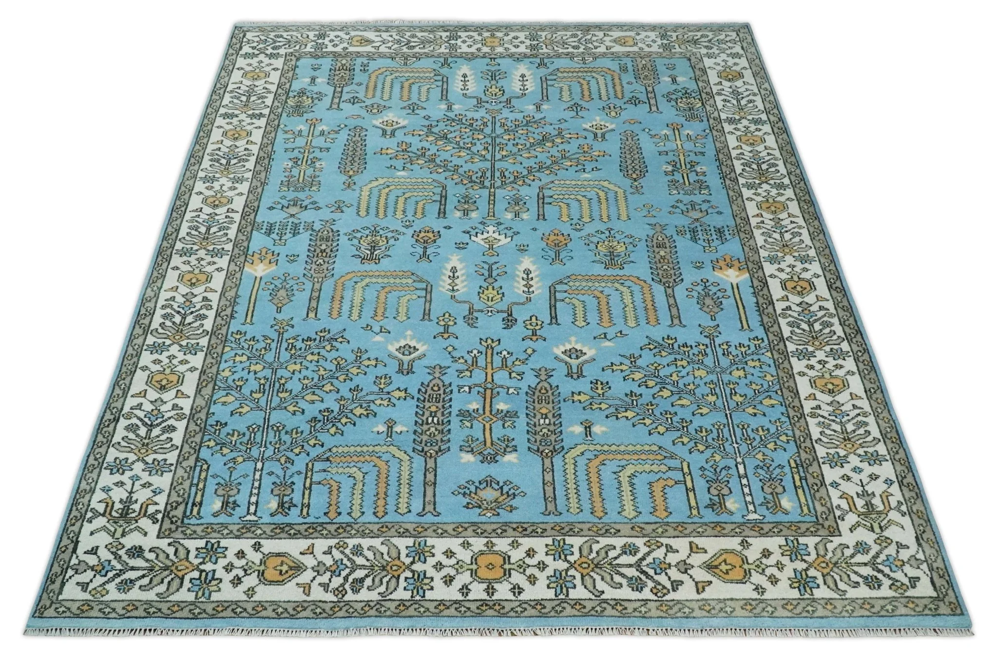 Hand Knotted 9x12 Aqua, Ivory and Beige Traditional Turkish Design Wool Rug - Image 10