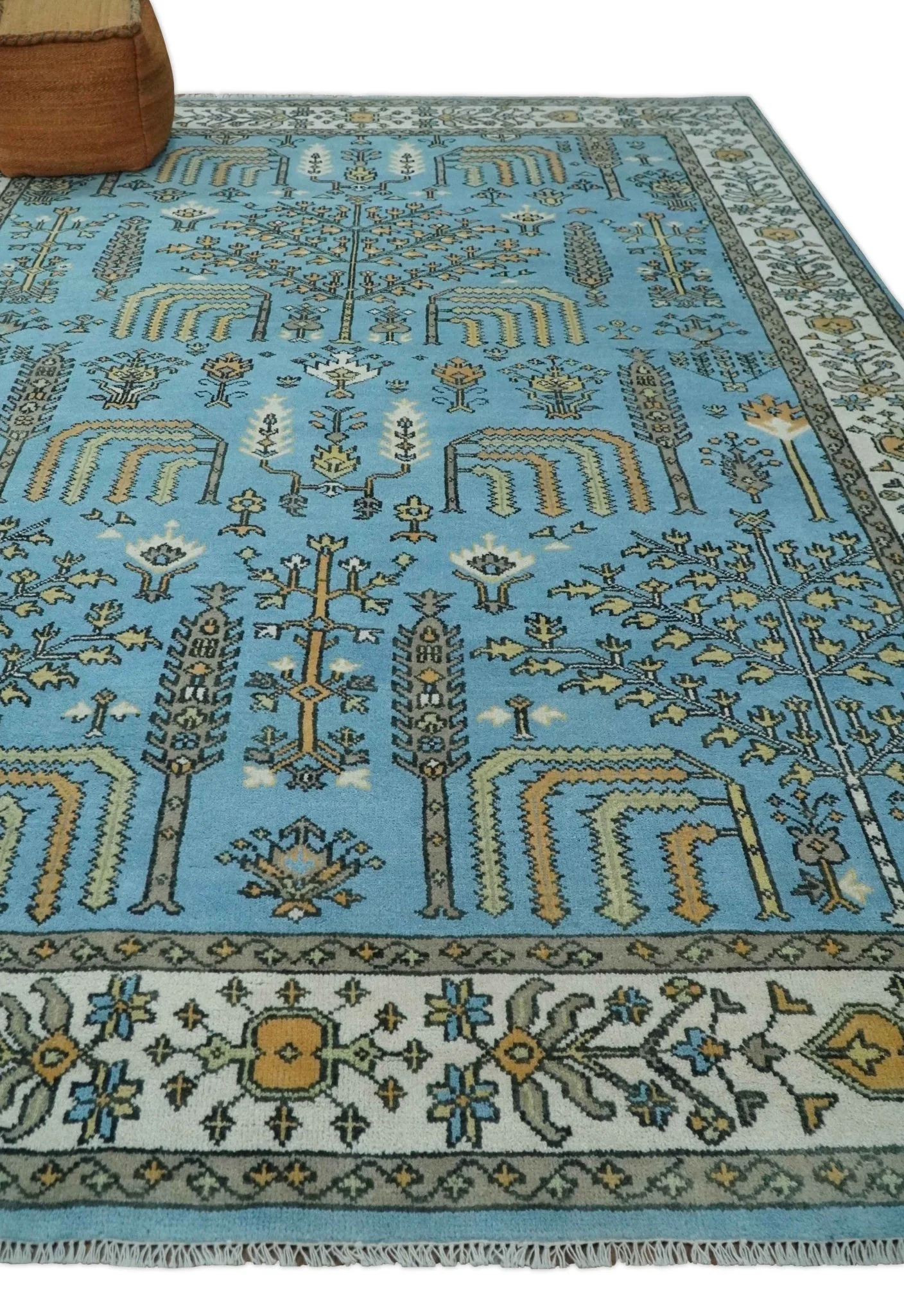 Hand Knotted 9x12 Aqua, Ivory and Beige Traditional Turkish Design Wool Rug - Image 3