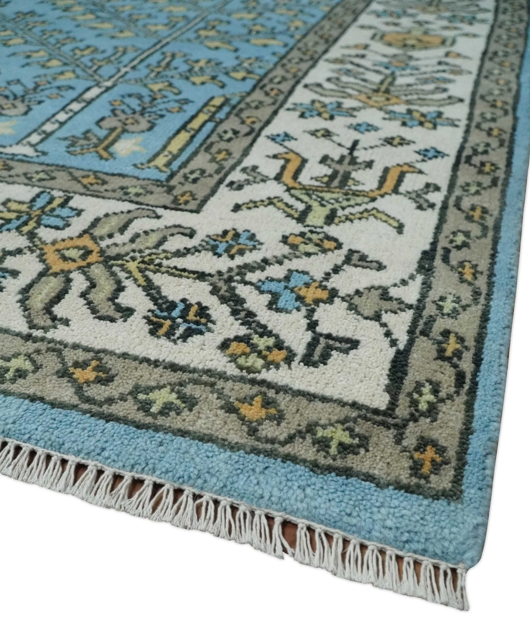 Hand Knotted 9x12 Aqua, Ivory and Beige Traditional Turkish Design Wool Rug - Image 5