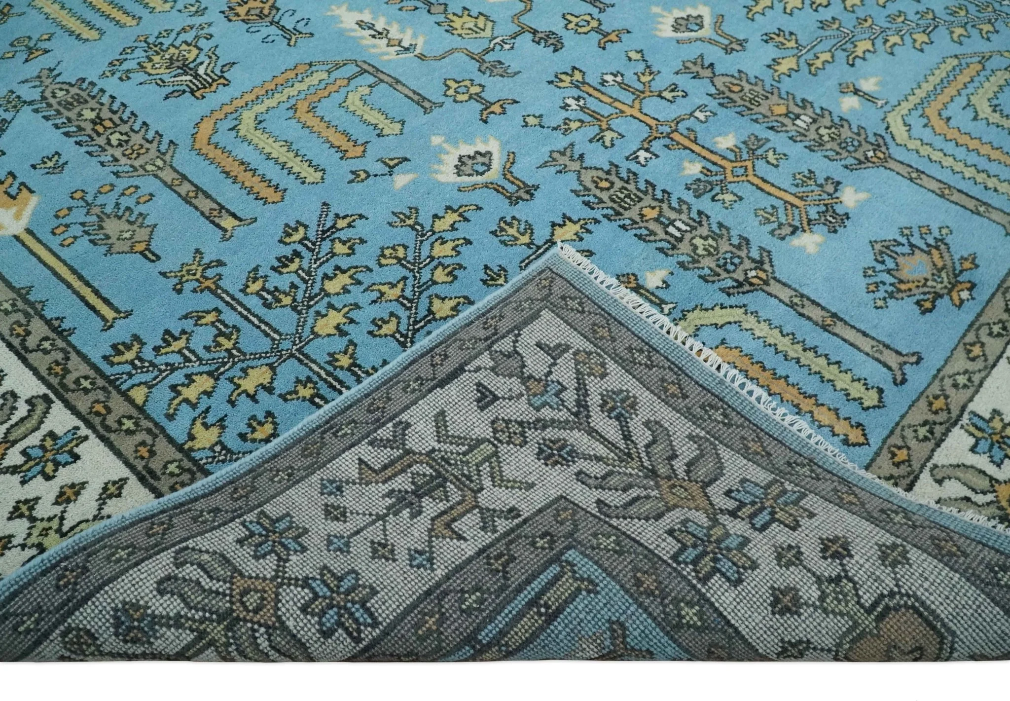 Hand Knotted 9x12 Aqua, Ivory and Beige Traditional Turkish Design Wool Rug - Image 7