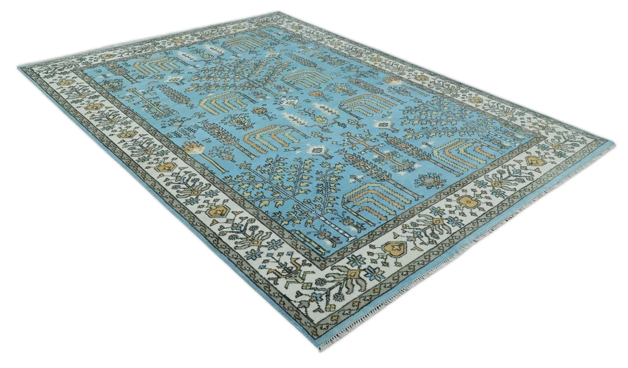 Hand Knotted 9x12 Aqua, Ivory and Beige Traditional Turkish Design Wool Rug - Image 9