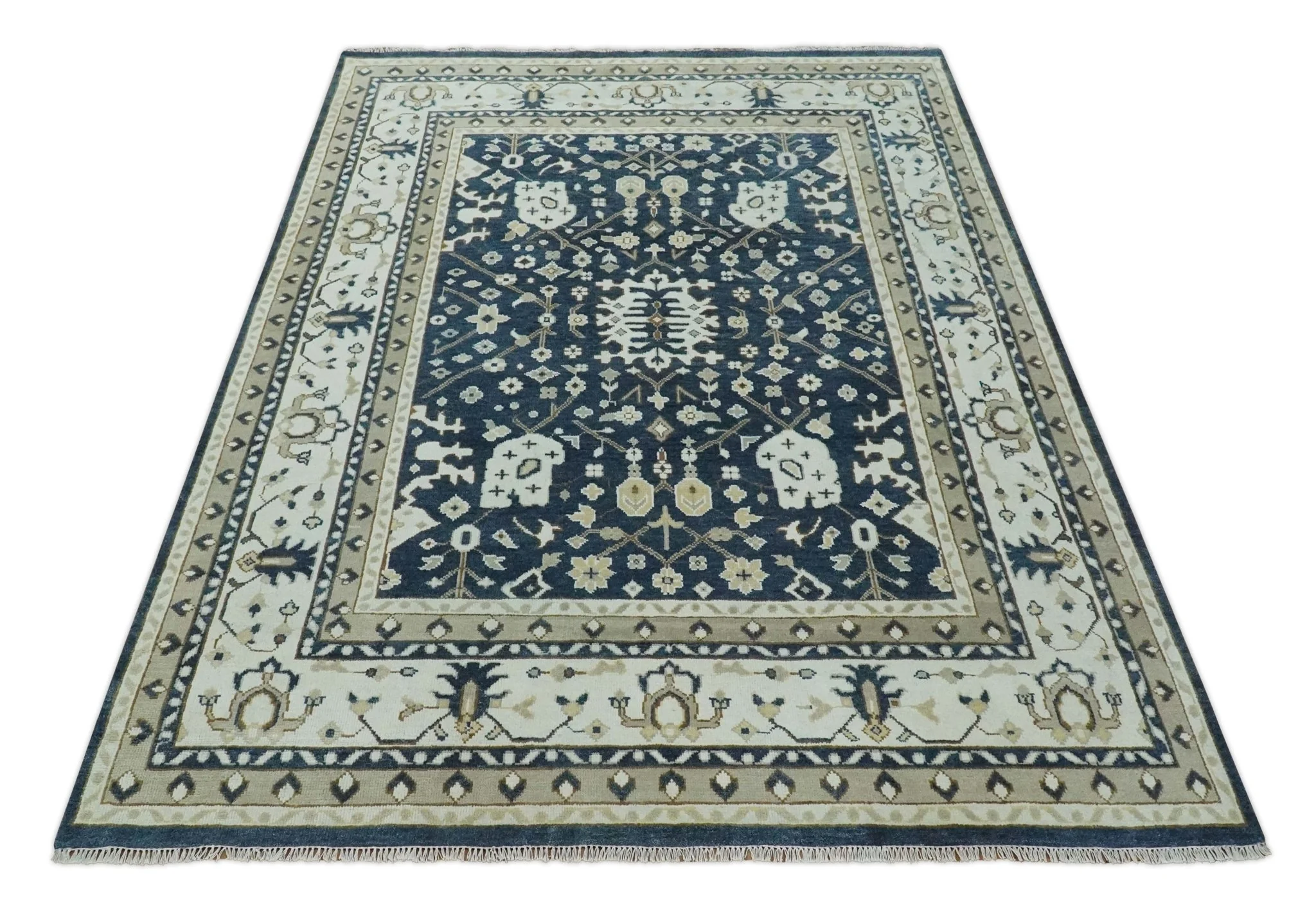 Hand Knotted 9x12 Charcoal, Camel and Ivory Traditional Vintage Persian Oushak Wool Rug | TRDCP926912 - Image 11
