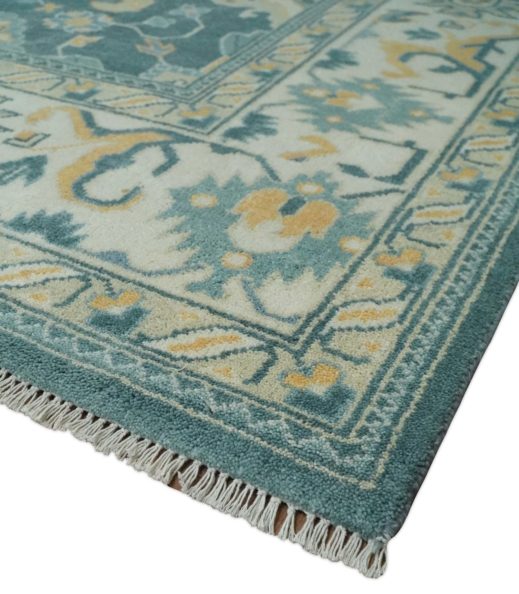 Hand Knotted 9x12 Blue, Ivory and Beige Antique Finish Turkish Style Oushak Wool Area Rug | TRDCP1084912 - Image 10