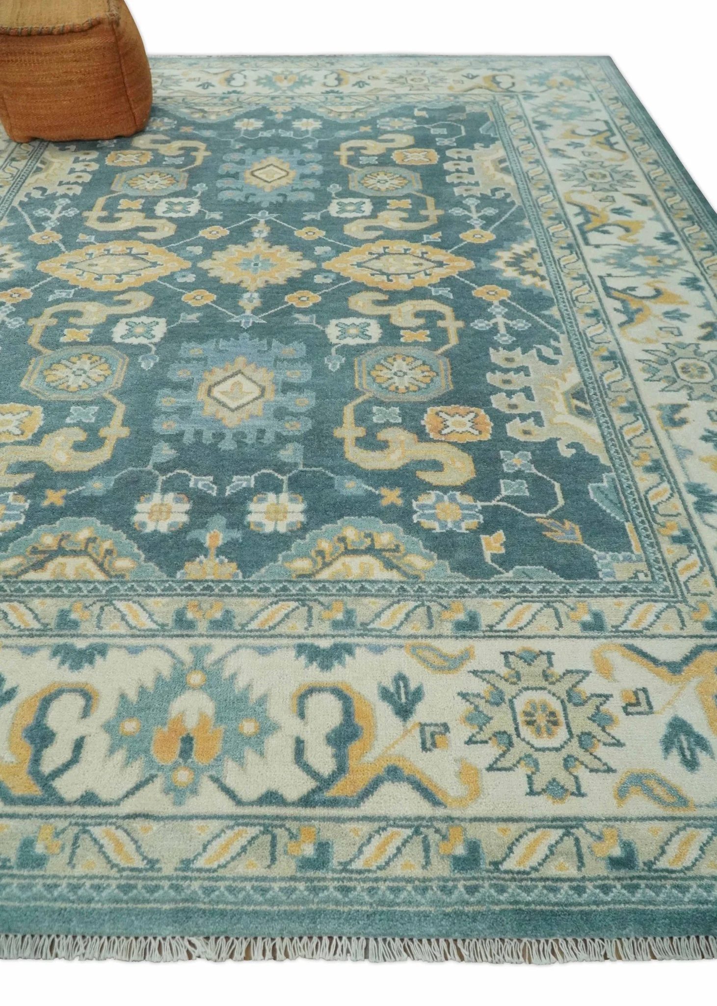 Hand Knotted 9x12 Blue, Ivory and Beige Antique Finish Turkish Style Oushak Wool Area Rug | TRDCP1084912 - Image 3