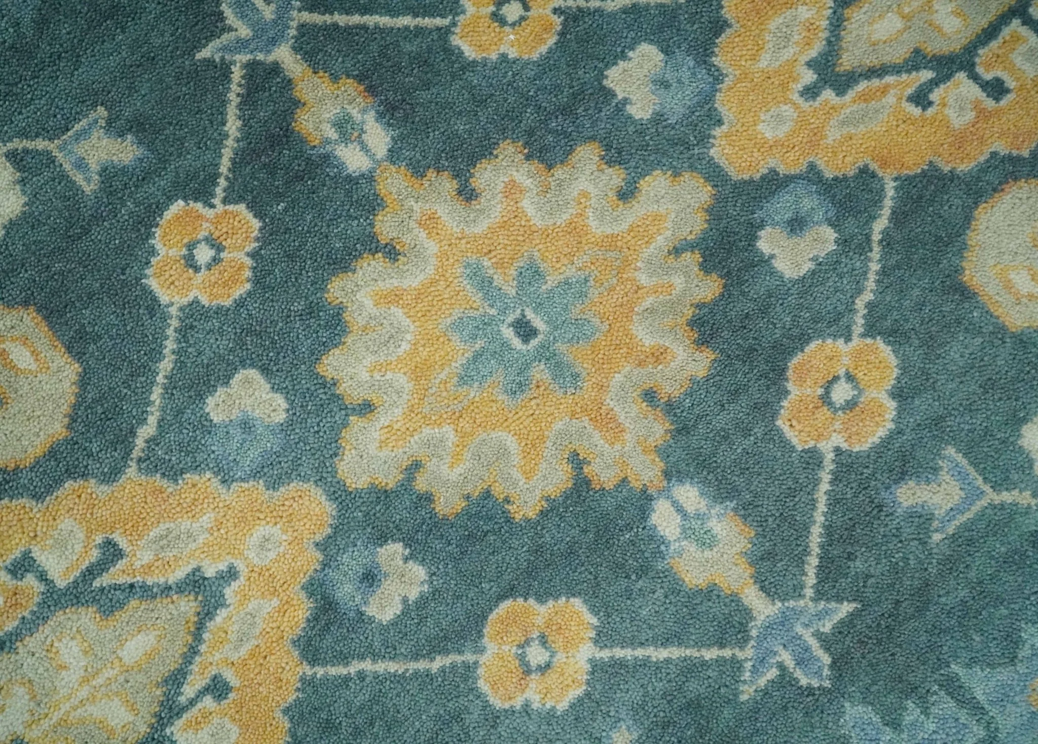 Hand Knotted 9x12 Blue, Ivory and Beige Antique Finish Turkish Style Oushak Wool Area Rug | TRDCP1084912 - Image 4