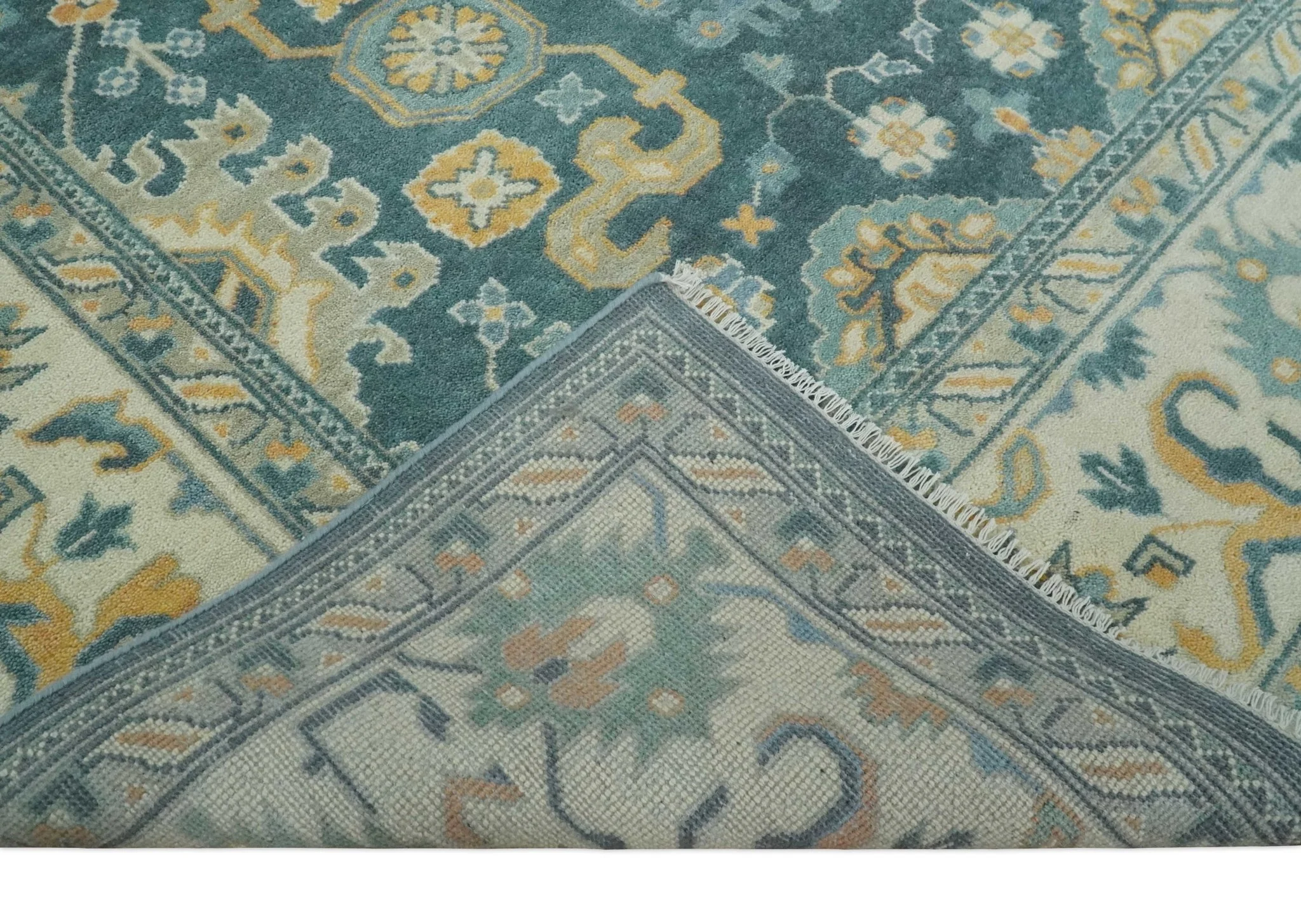 Hand Knotted 9x12 Blue, Ivory and Beige Antique Finish Turkish Style Oushak Wool Area Rug | TRDCP1084912 - Image 5