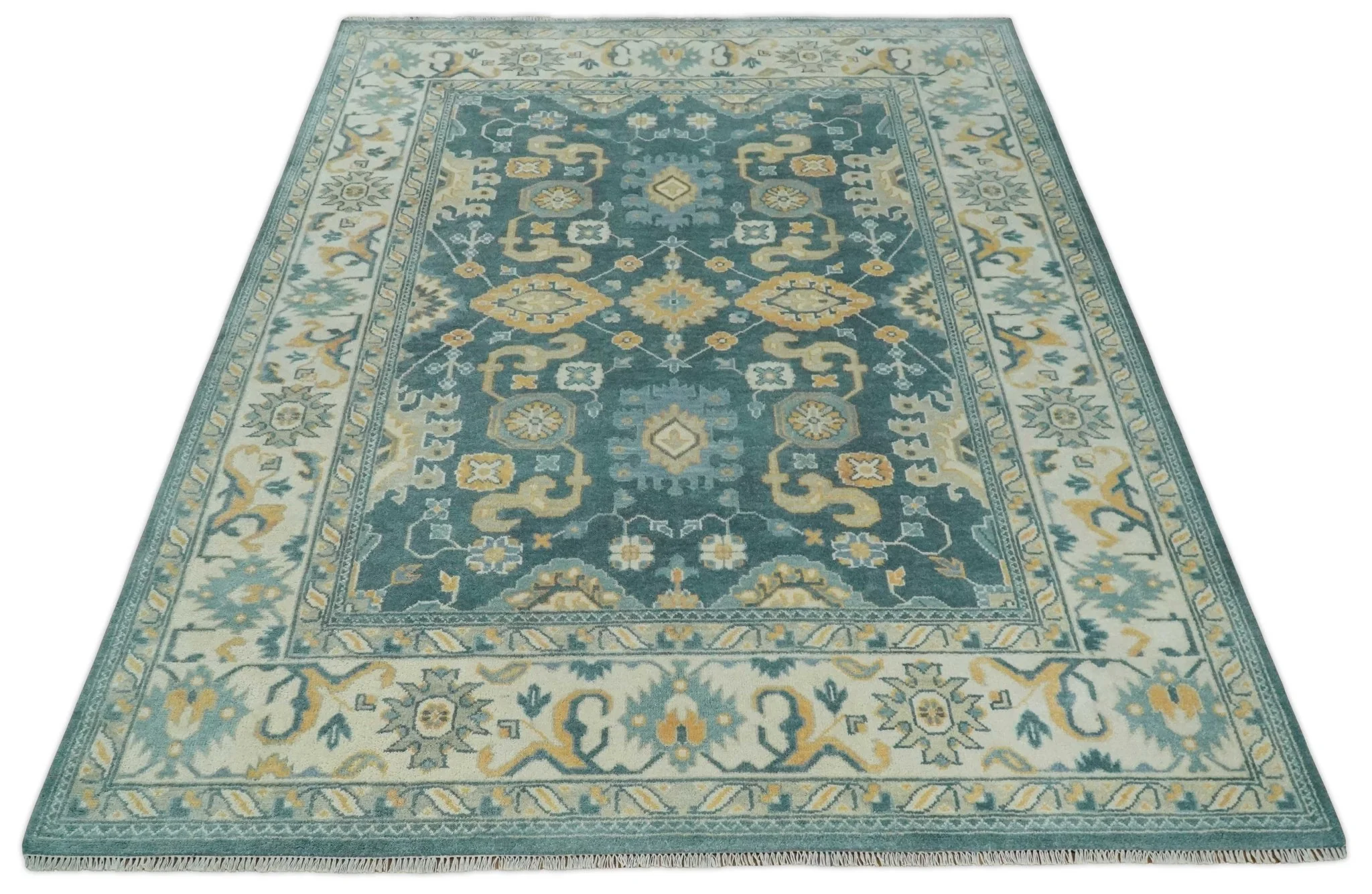 Hand Knotted 9x12 Blue, Ivory and Beige Antique Finish Turkish Style Oushak Wool Area Rug | TRDCP1084912 - Image 7